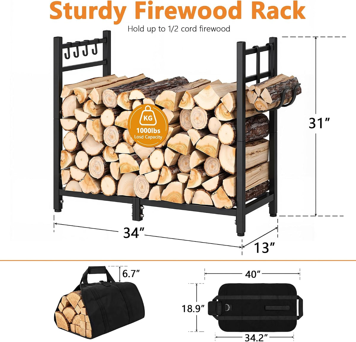 VECELO 34 Inch Firewood Rack with Carrier Bag  Heavy Duty Outdoor Wood Rack