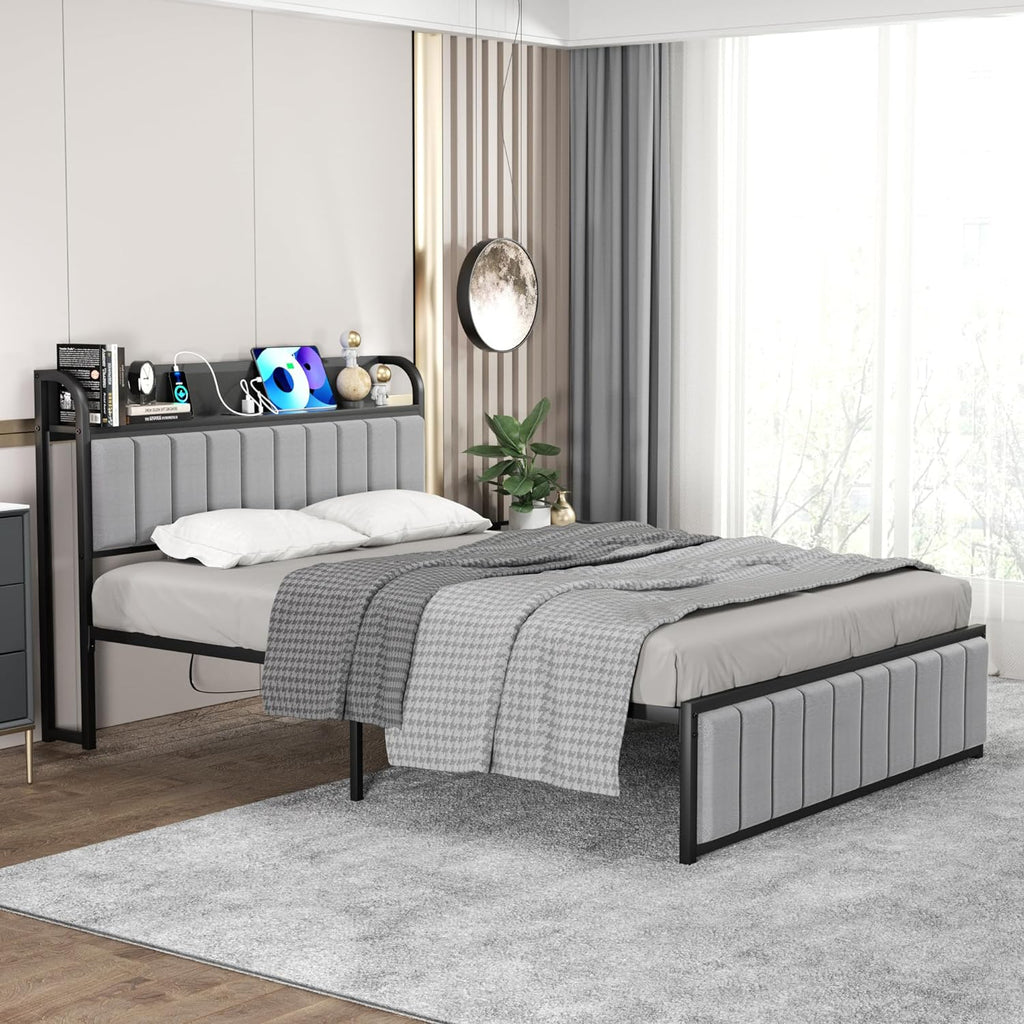 VECELO Bed Frame with Storage, Upholstered Platform Bedframe with Head
