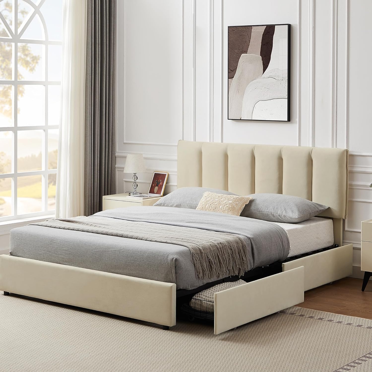 VECELO Upholstered Bed Frame with 4 Storage Drawers and Adjustable Velvet Headboard