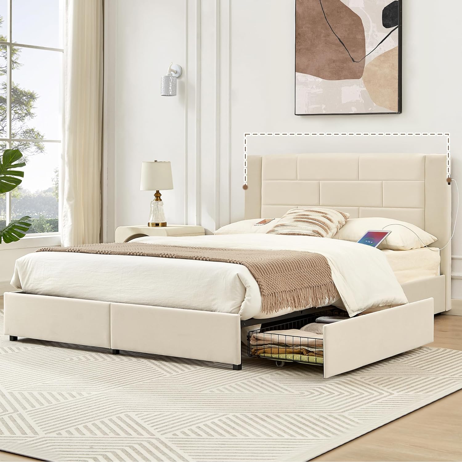 VECELO Modern Upholstered Bed Frame with USB Charge Station-Ports for Type A & Type C