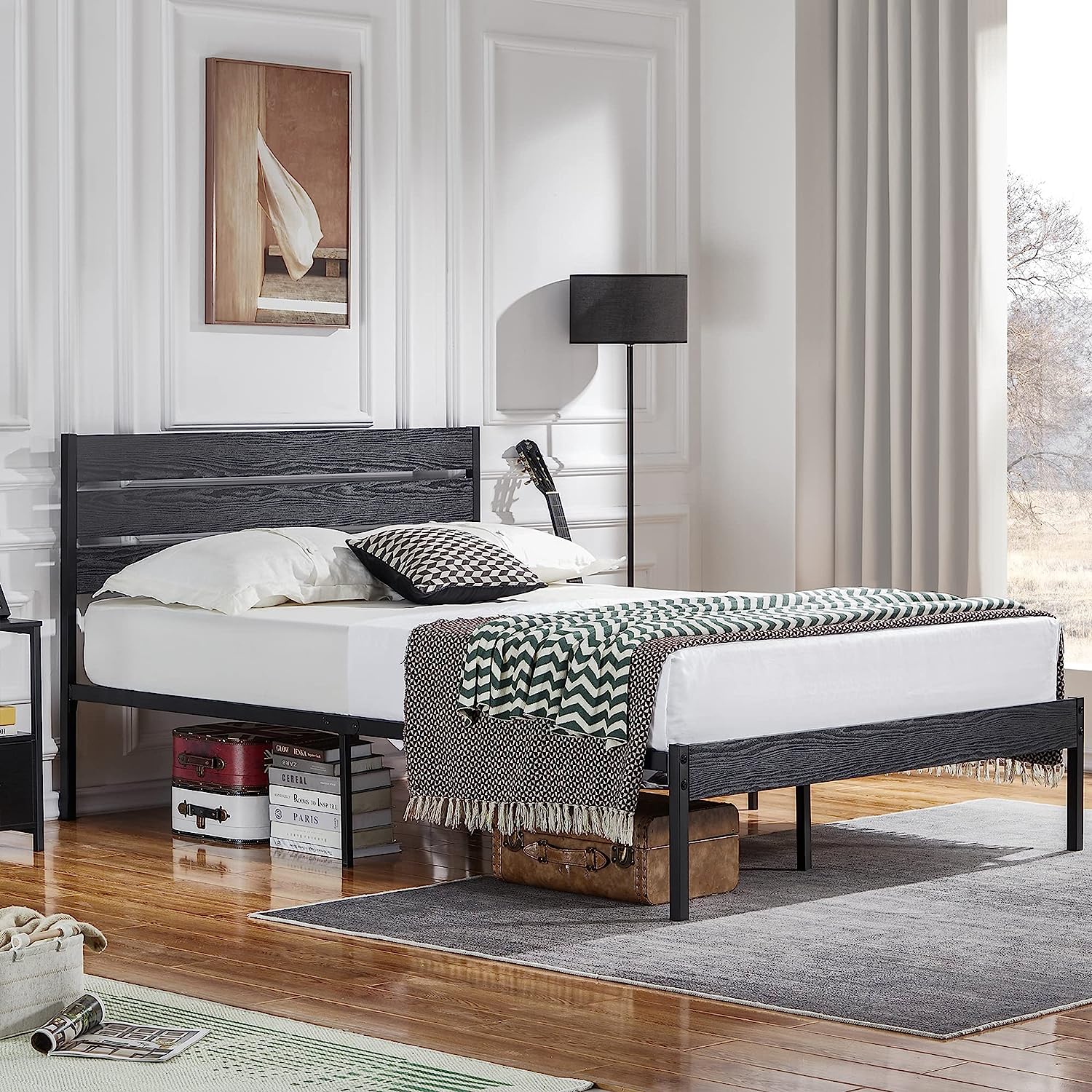 VECELO Platform Bed Frame with Rustic Vintage Wood Headboard/Strong Metal Slats Support
