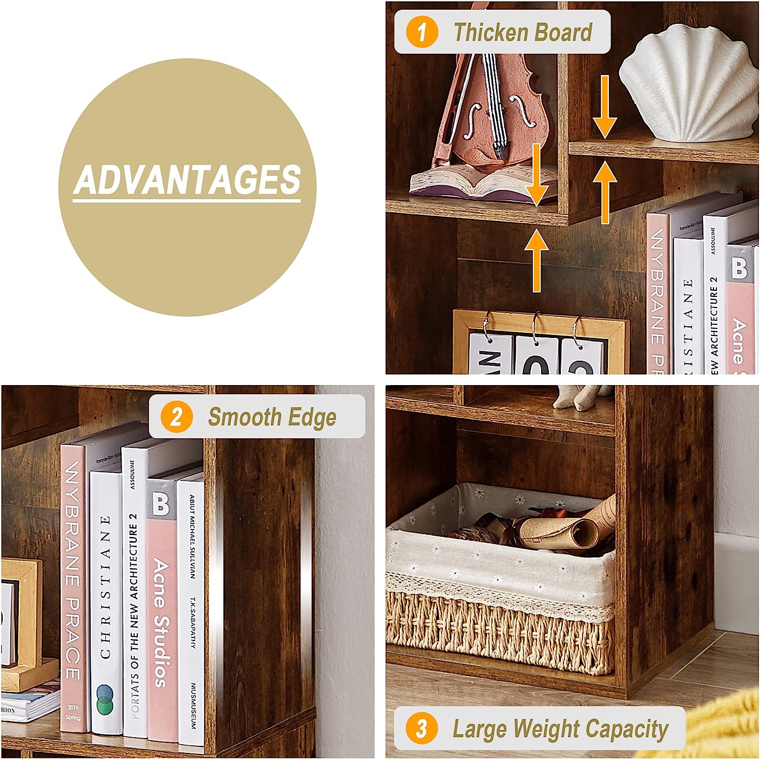 VECELO Modern 3-Tier Small Bookcase, 4 Cube/5 Cube Bookshelf/Storage Organizer for Living Room,Bedroom,Home Office
