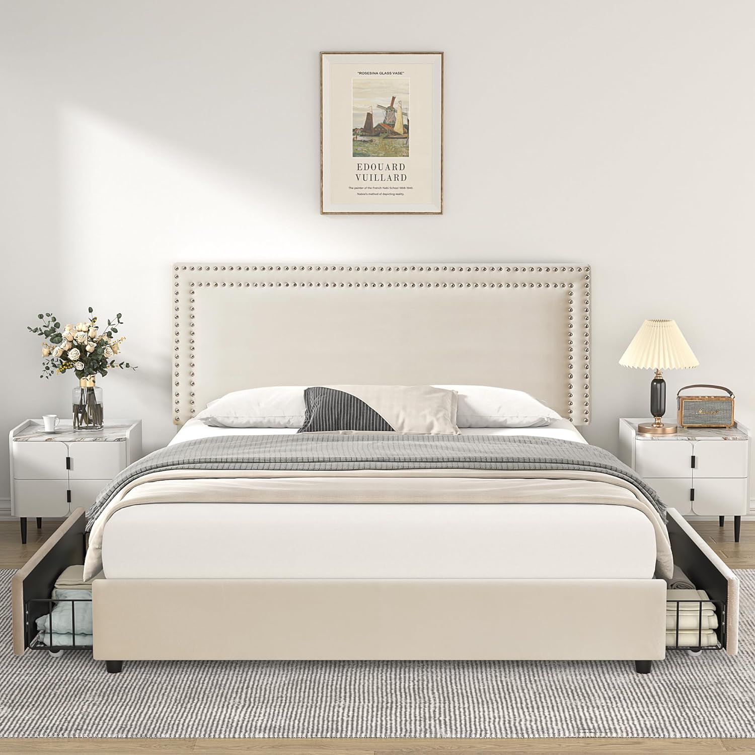 VECELO Upholstered Platform Bed Frame Platform with 4 Storage Drawers