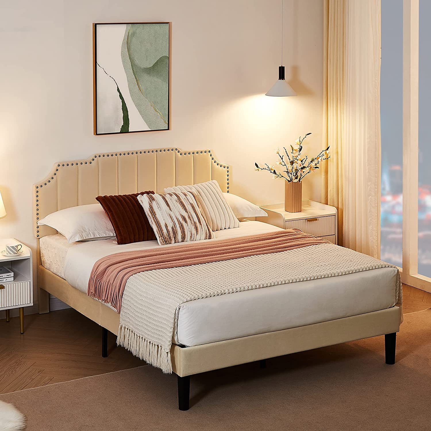 Upholstered Platform Bed Frame with Tufted Adjustable Headboard