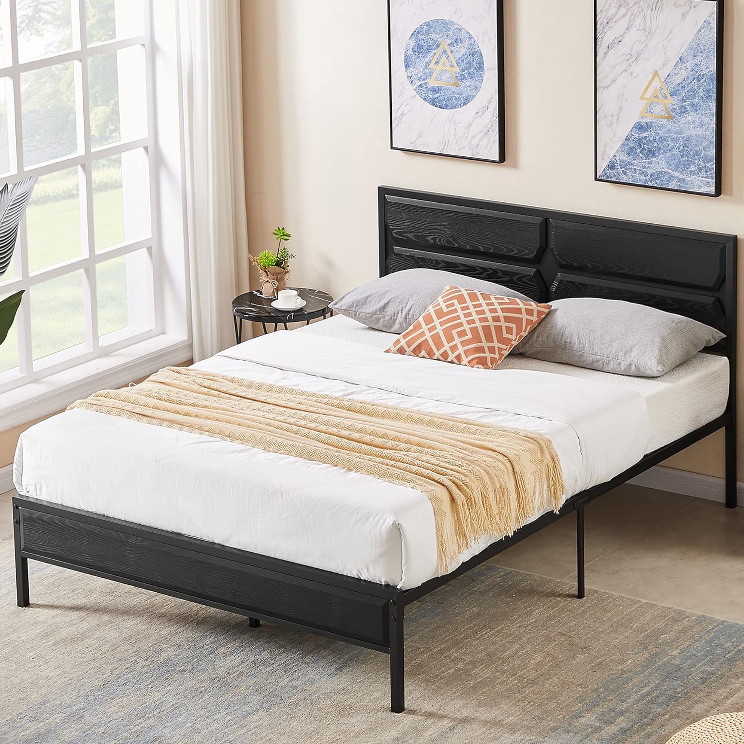 VECELO Metal Bed Frame Platform with Wooden Headboard&Footboard Mattress Foundation