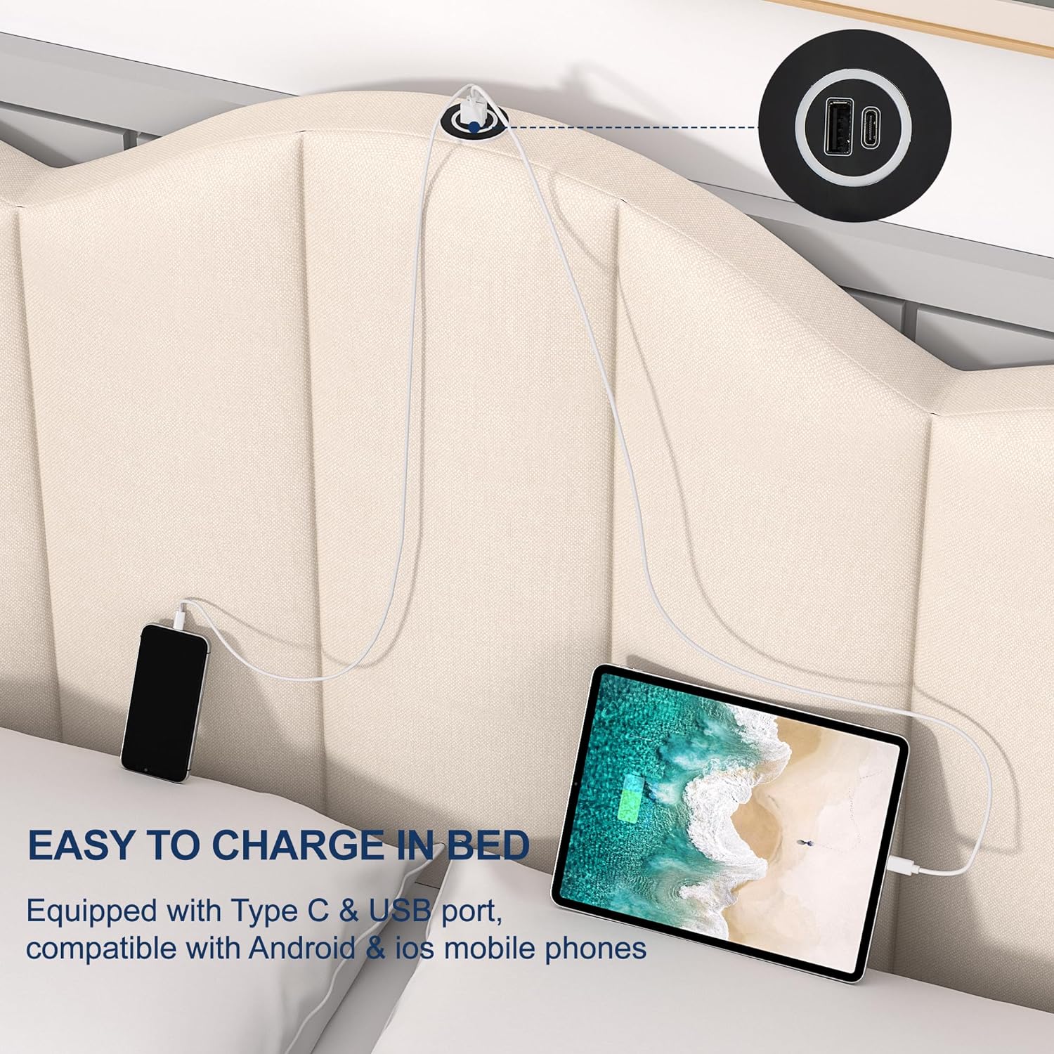 VECELO Upholstered Platform Bed Frame with Type-C & USB Charging Stations