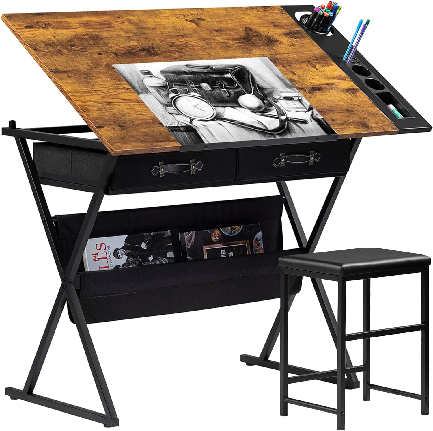 VECELO Drafting Table Adjustable Desk Tilted Tabletop with 2 Storage Drawers and Stool