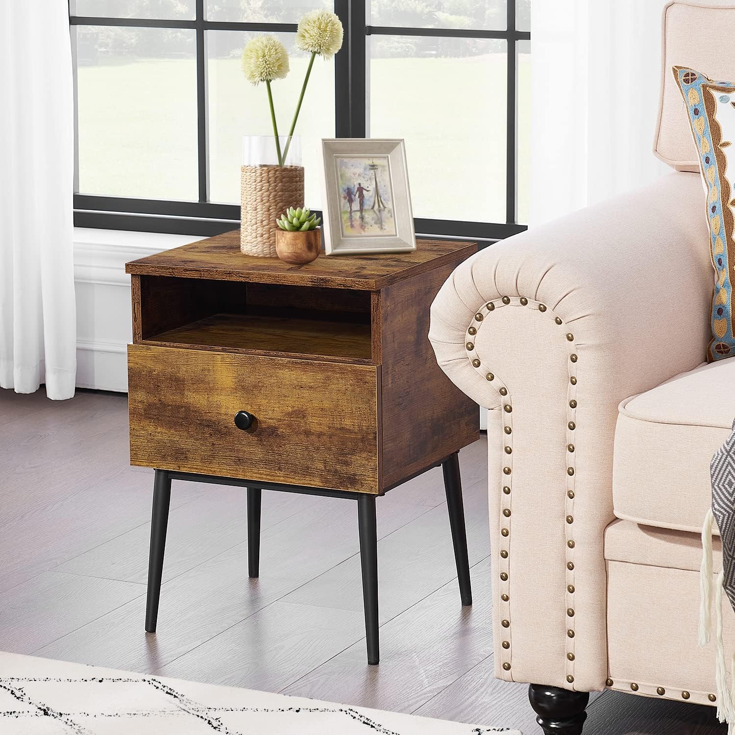 Modern Nightstand Square End Side Table with Drawer and Storage Space