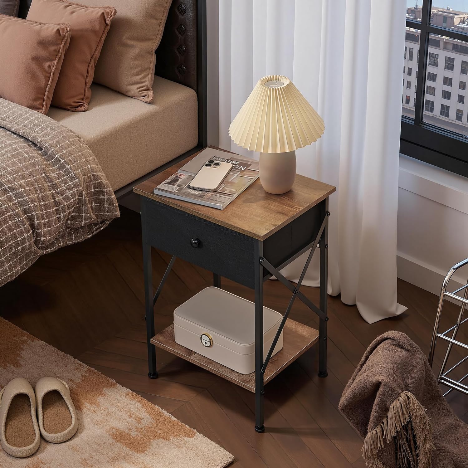 VECELO Nightstand Set of 2, X-Design End Side Table with Fabric Storage Drawer and Open Shelf