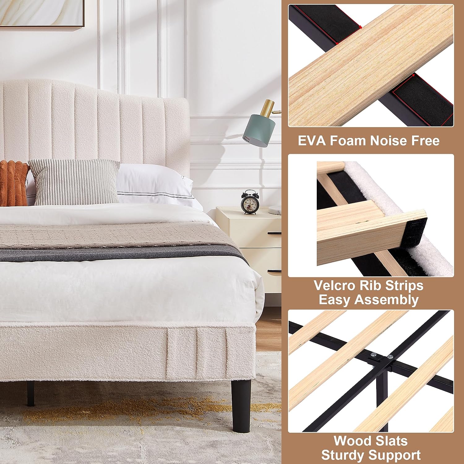 VECELO Upholstered Platform Bed Frame with Sheepskin Fabric Adjustable Headboard/Strong Wood Slats Supports