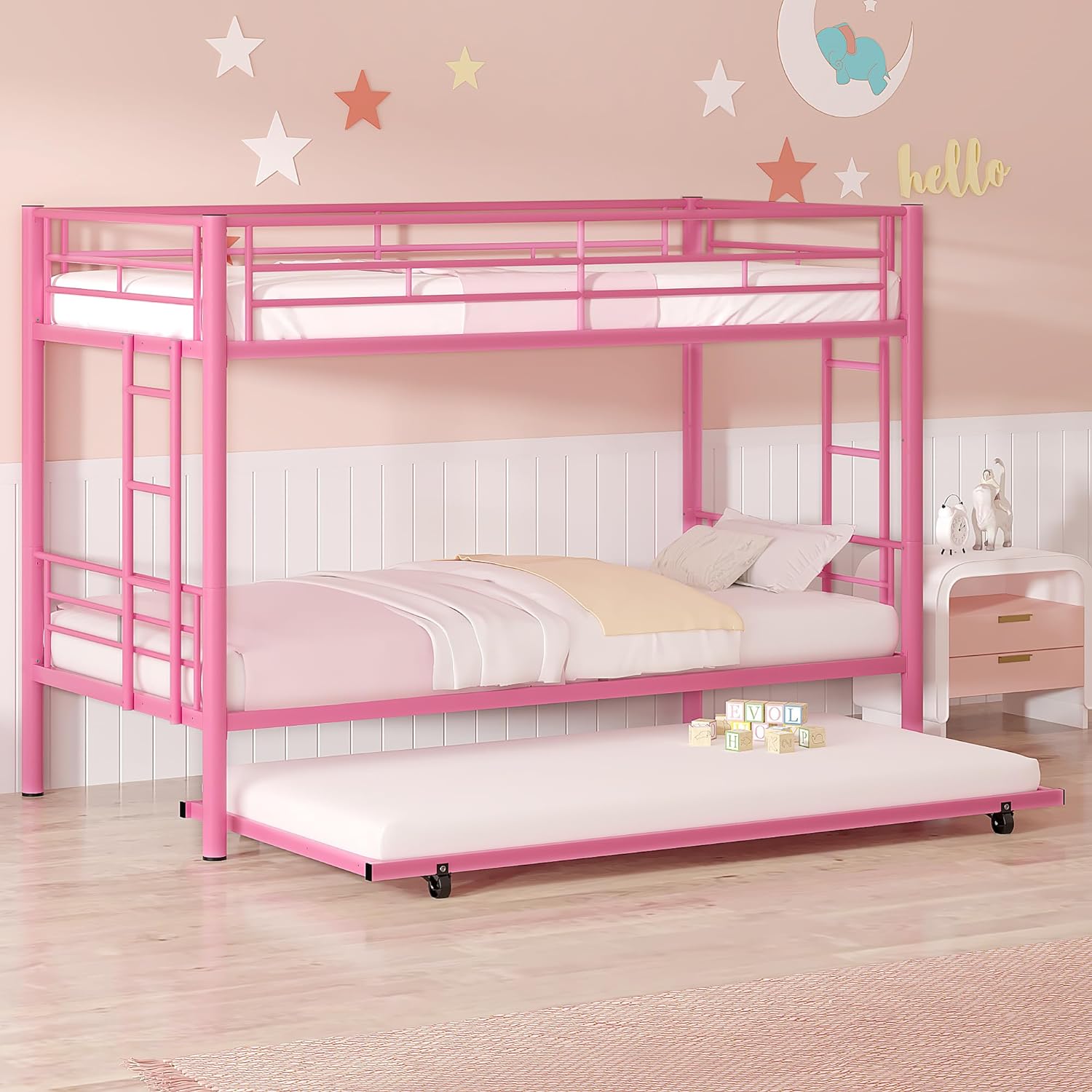 VECELO Bunk Bed Twin Over Twin with Trundle, Metal Bunkbeds with Ladde