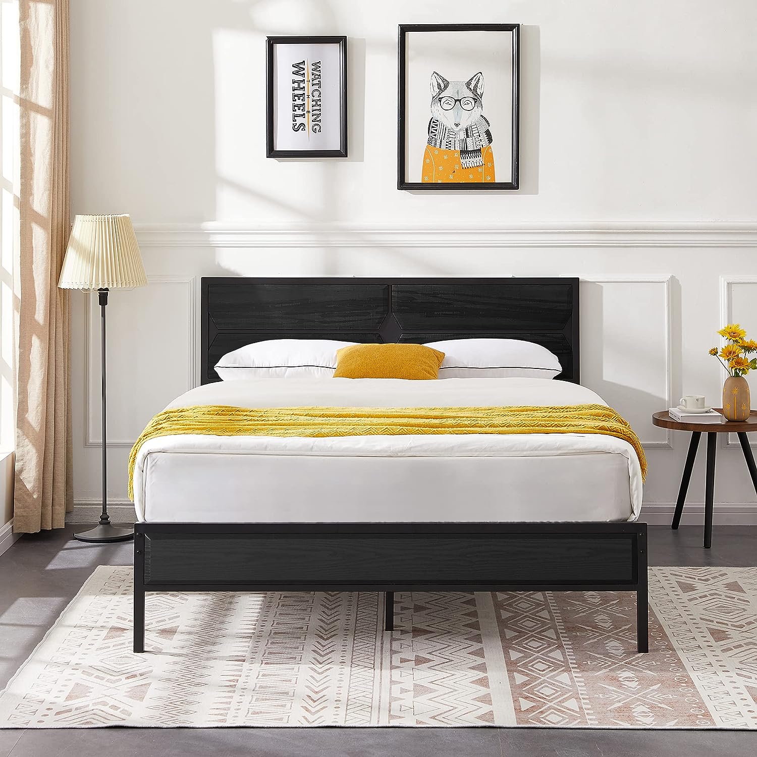 VECELO Bed Frame Metal Platform with Wooden Headboard & Footboard