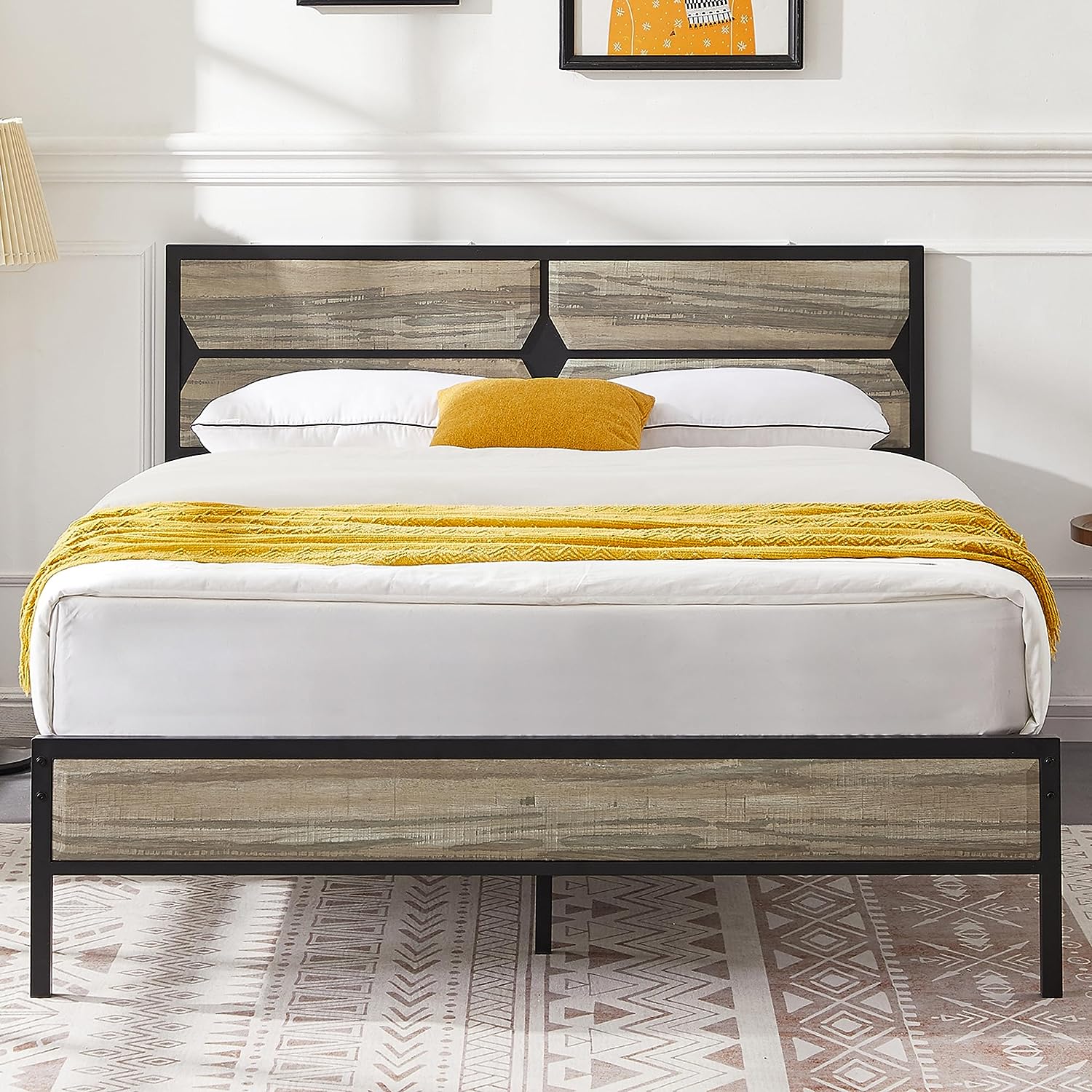 VECELO Metal Bed Frame Platform with Wooden Headboard&Footboard Mattress Foundation