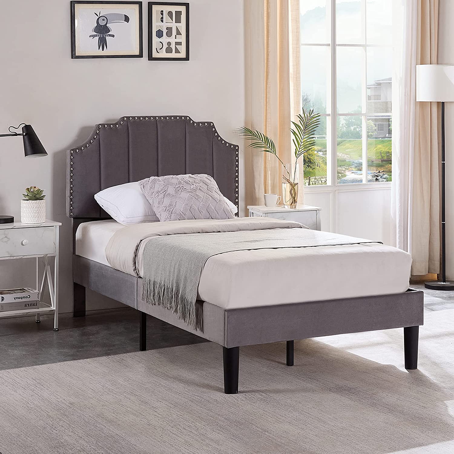 Upholstered Platform Bed Frame with Tufted Adjustable Headboard