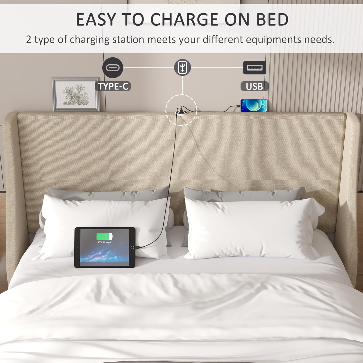 VECELO Bed Frame with Upholstered Wingback Headboard - VECELO