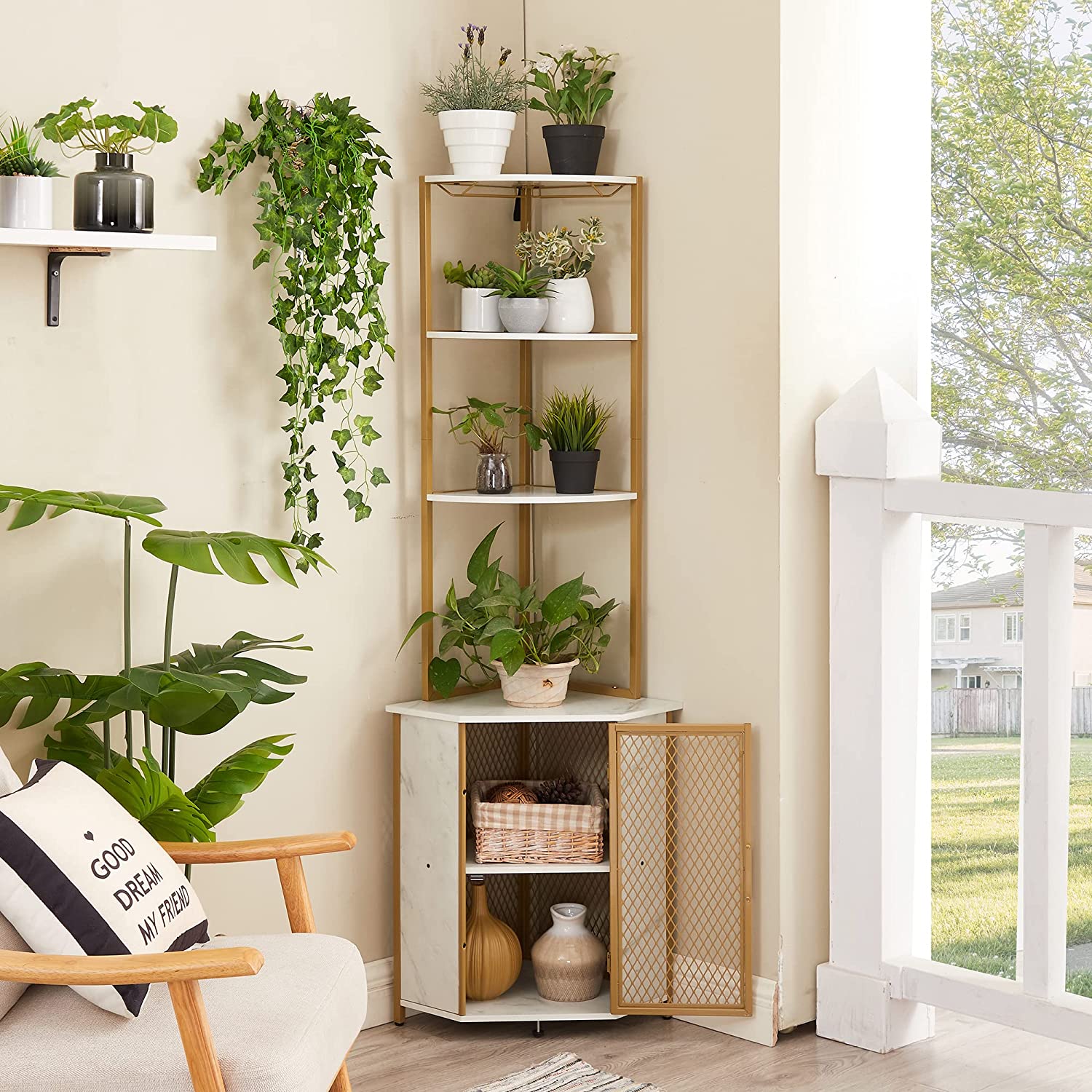 VECELO 5-Tier Corner Shelf/Corner Bookshelf with Storage Cabinet for Living Room, Home Office