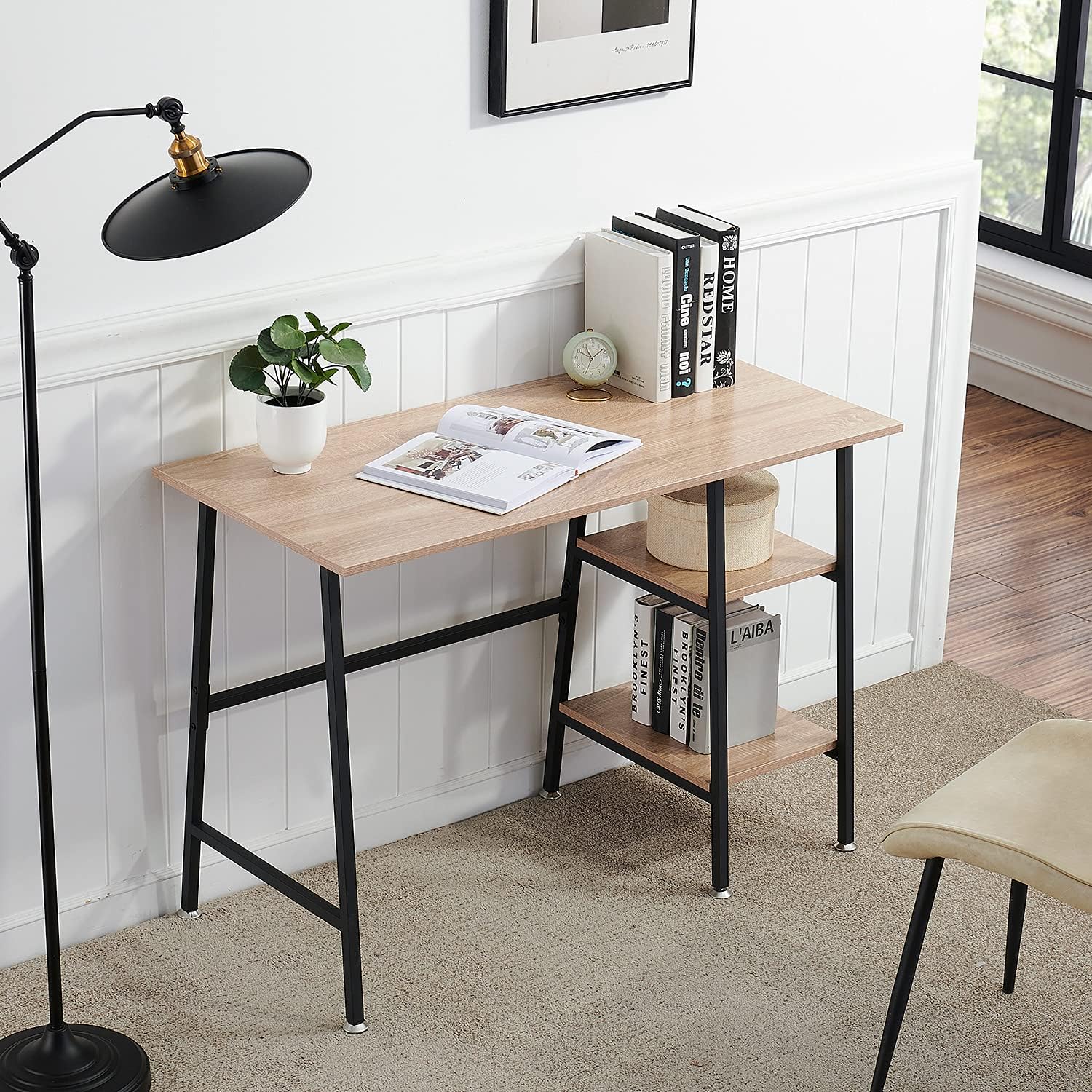 VECELO Computer Writing Desk with 2 Tier Storage Shelves, Modern Simple Student Study Table