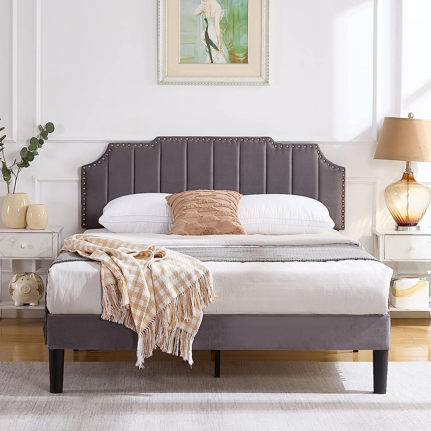 Upholstered Platform Bed Frame with Tufted Adjustable Headboard