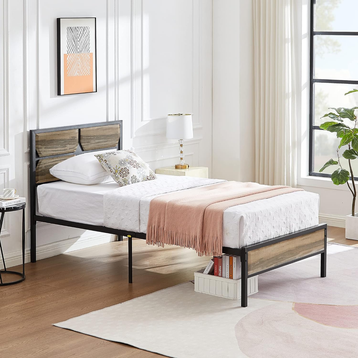 VECELO Metal Bed Frame Platform with Wooden Headboard&Footboard Mattress Foundation