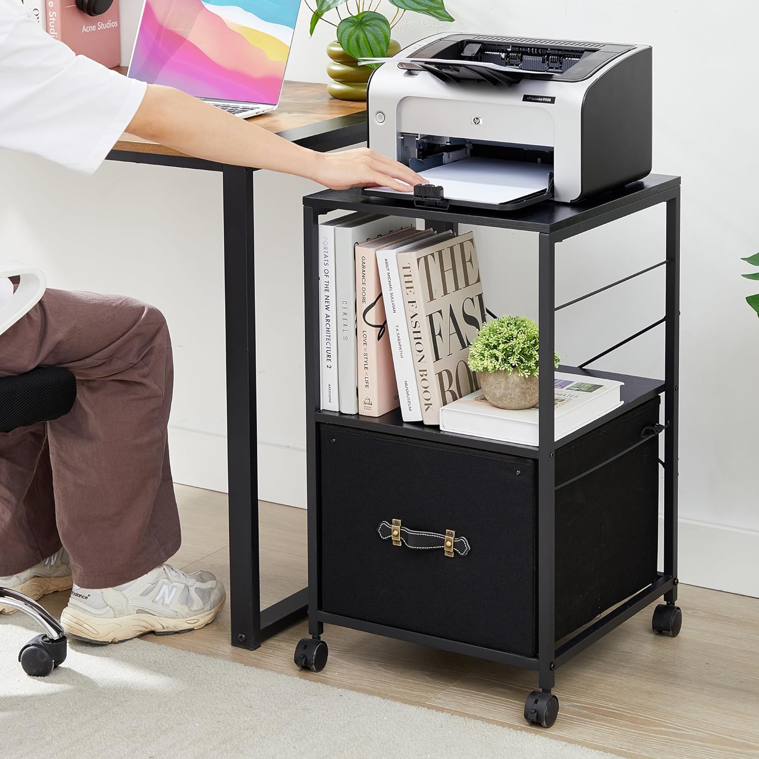 VECELO File Cabinet with Open Storage Shelf, Rolling Printer Stand with Large Fabric Drawer