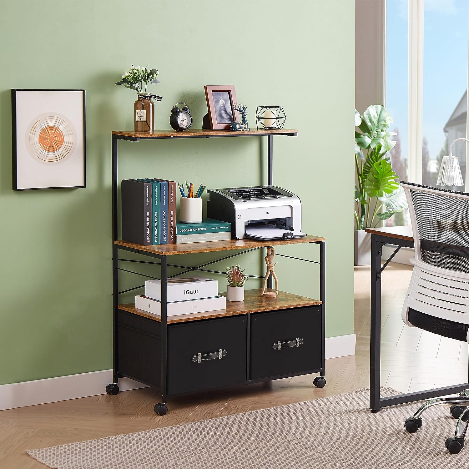 VECELO Lateral File Cabinet with 2 Big Rolling Printer Stand with 3 Open Storage Shelf