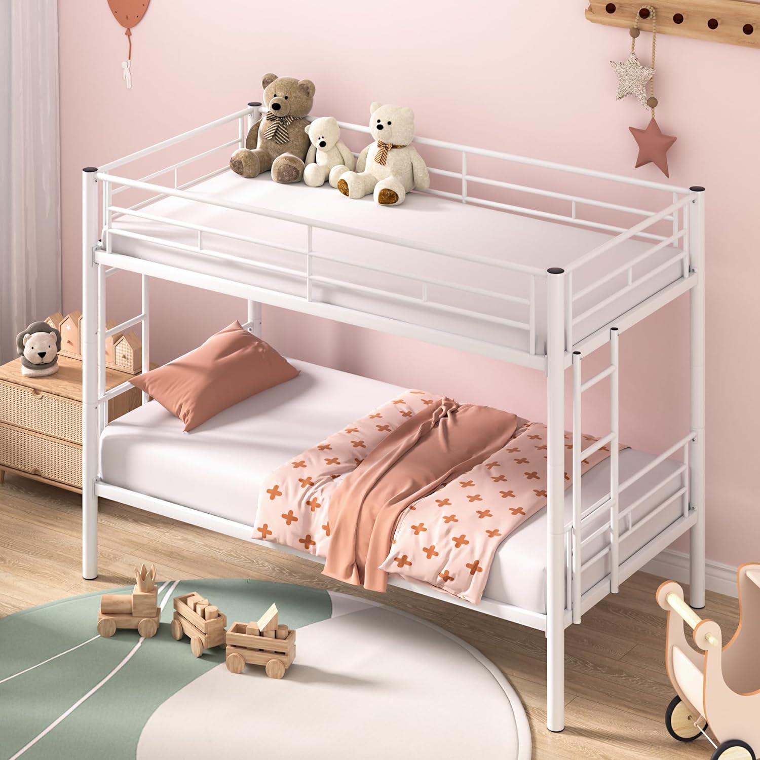 VECELO Metal Bunk Bed Twin Over Twin, Industrial Bunkbeds with Ladder and Full-Length Guardrail