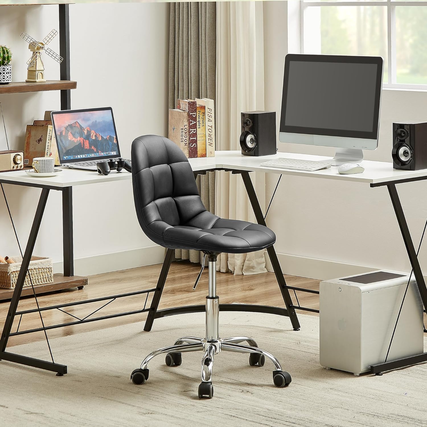 VECELO Modern Armless Home Office Desk Chair, Height Adjustable, PU Leather 360 Degree Swivel with Wheels