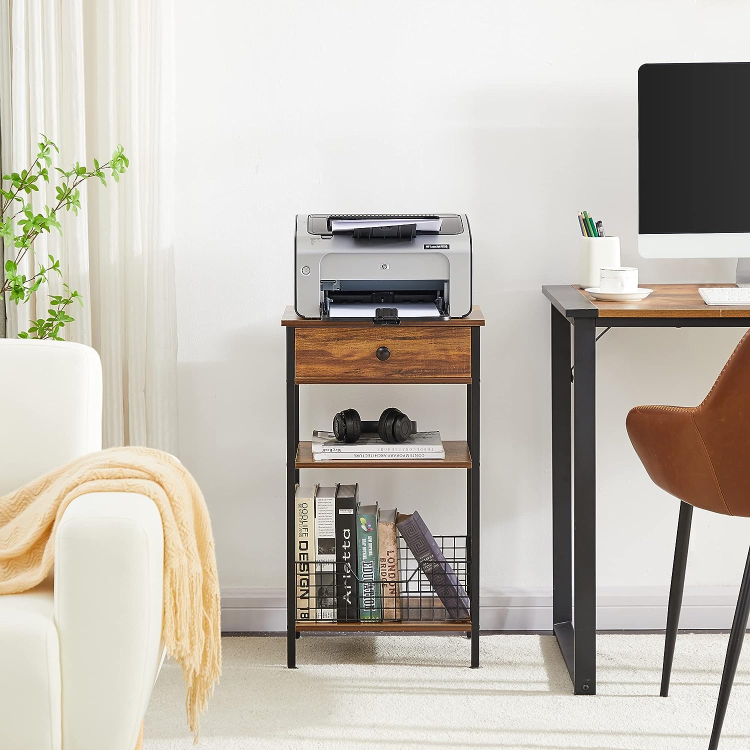 VECELO Versatile 27.6” Tall Nightstand/Side/Sofa Table with 2-Tiers Storage Shelves and Drawer
