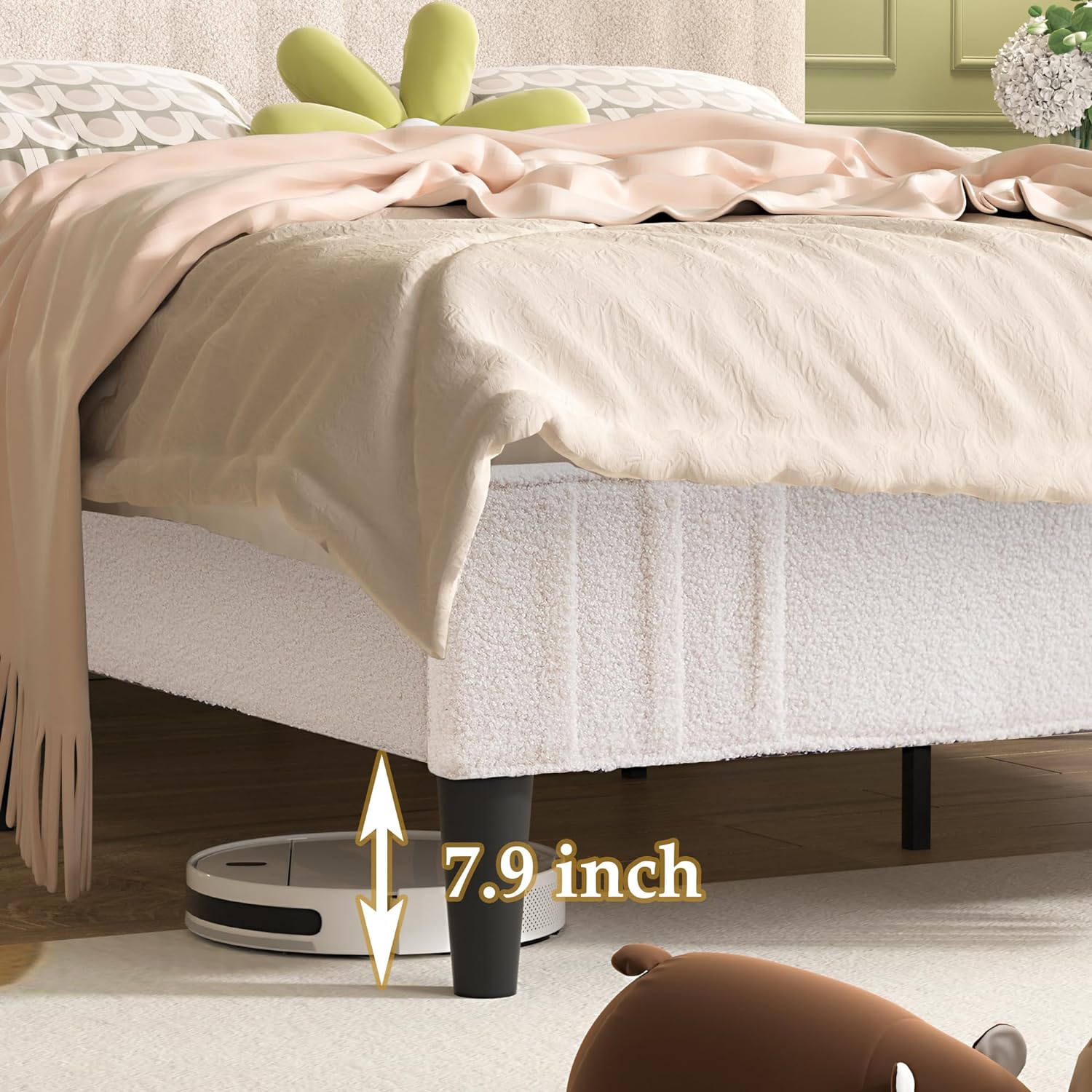 VECELO Upholstered Platform Bed Frame with Sheepskin Fabric Adjustable Headboard/Strong Wood Slats Supports