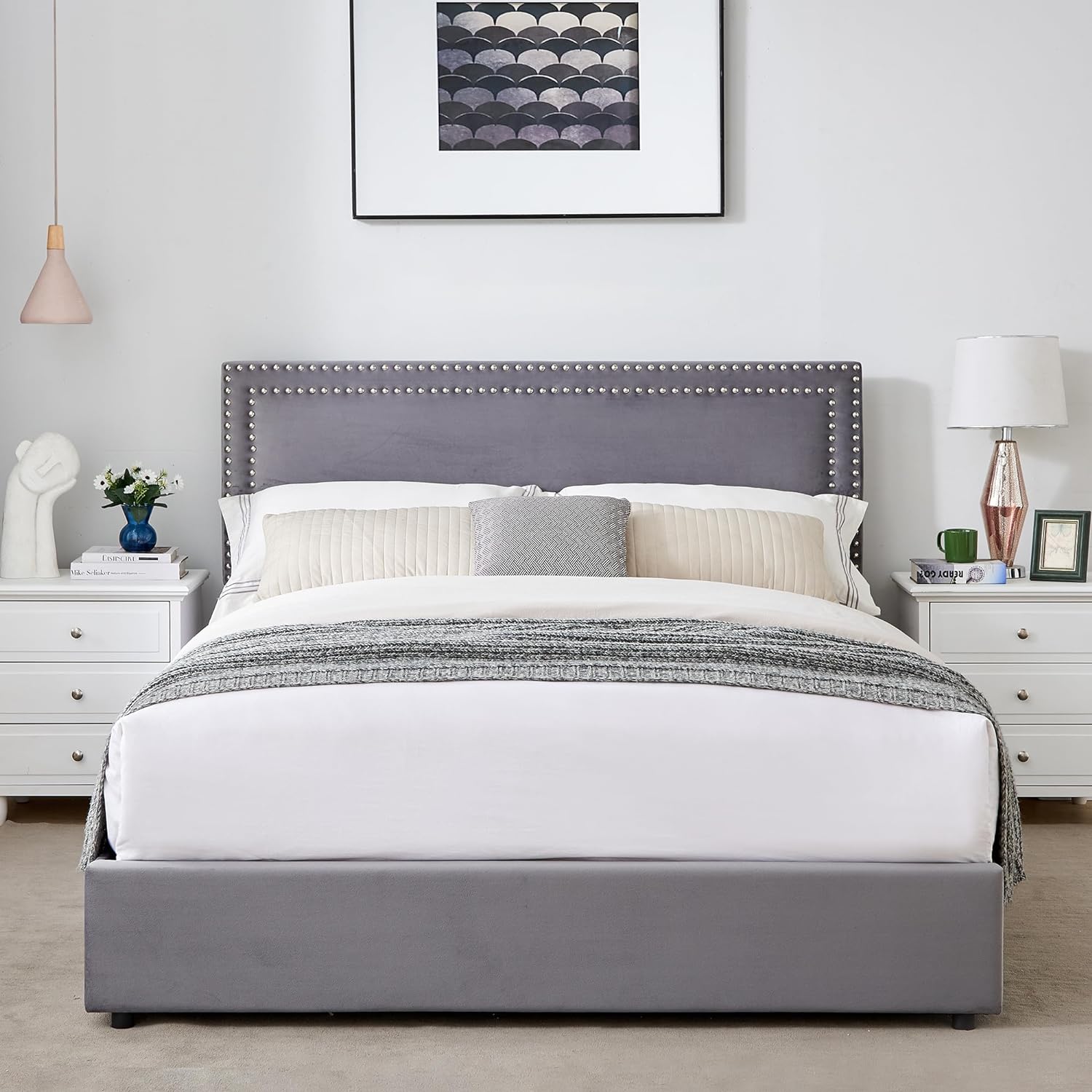 VECELO Upholstered Platform Bed Frame Platform with 4 Storage Drawers