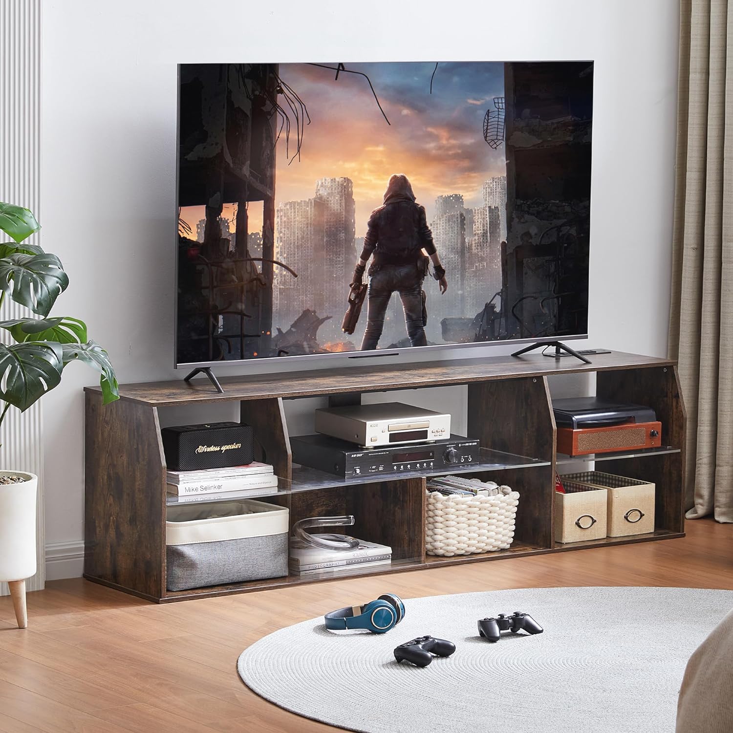 VECELO TV Stand with LED Strip & Power Outlets, Industrial Entertainment Center