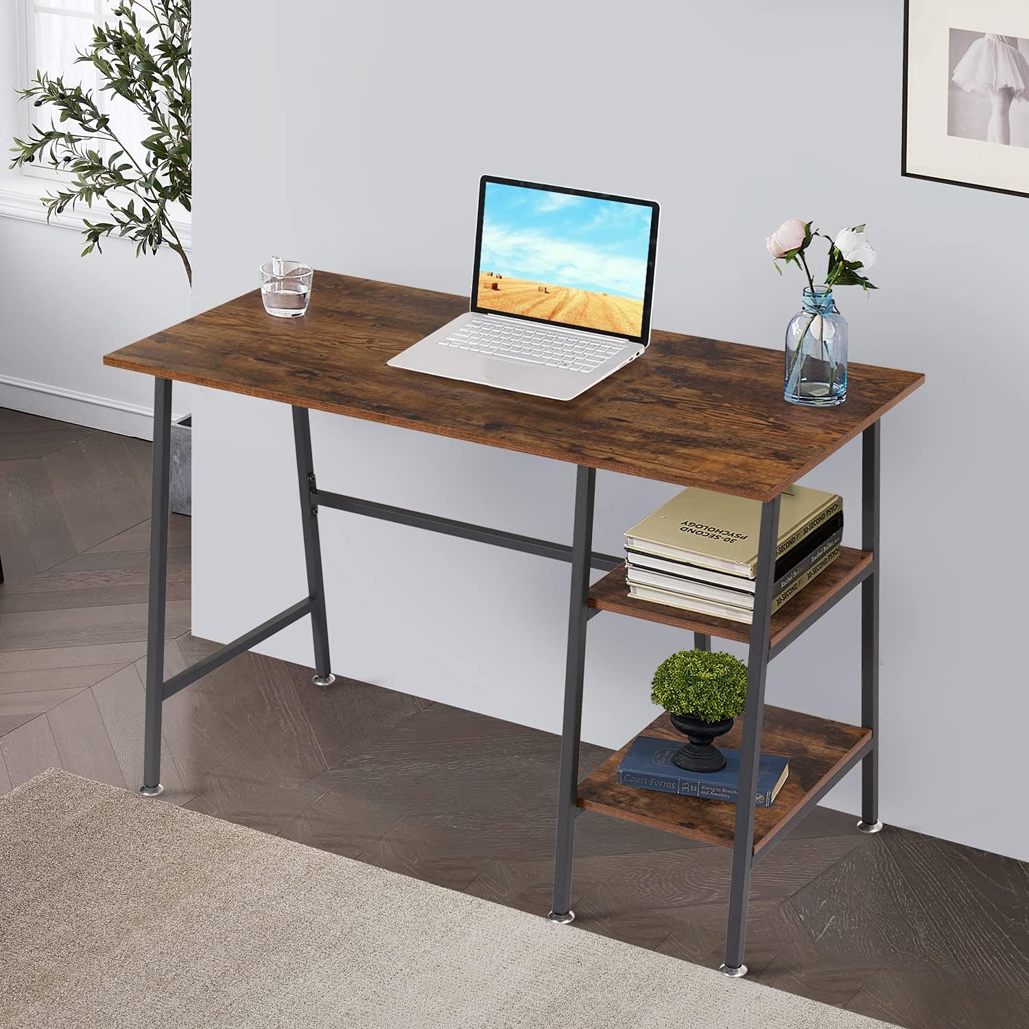 43in Computer Desk Black Computer Table PC Laptop Gaming Desk Modern  Writing Study Table w/Thick Metal Legs for Home Office Workstation