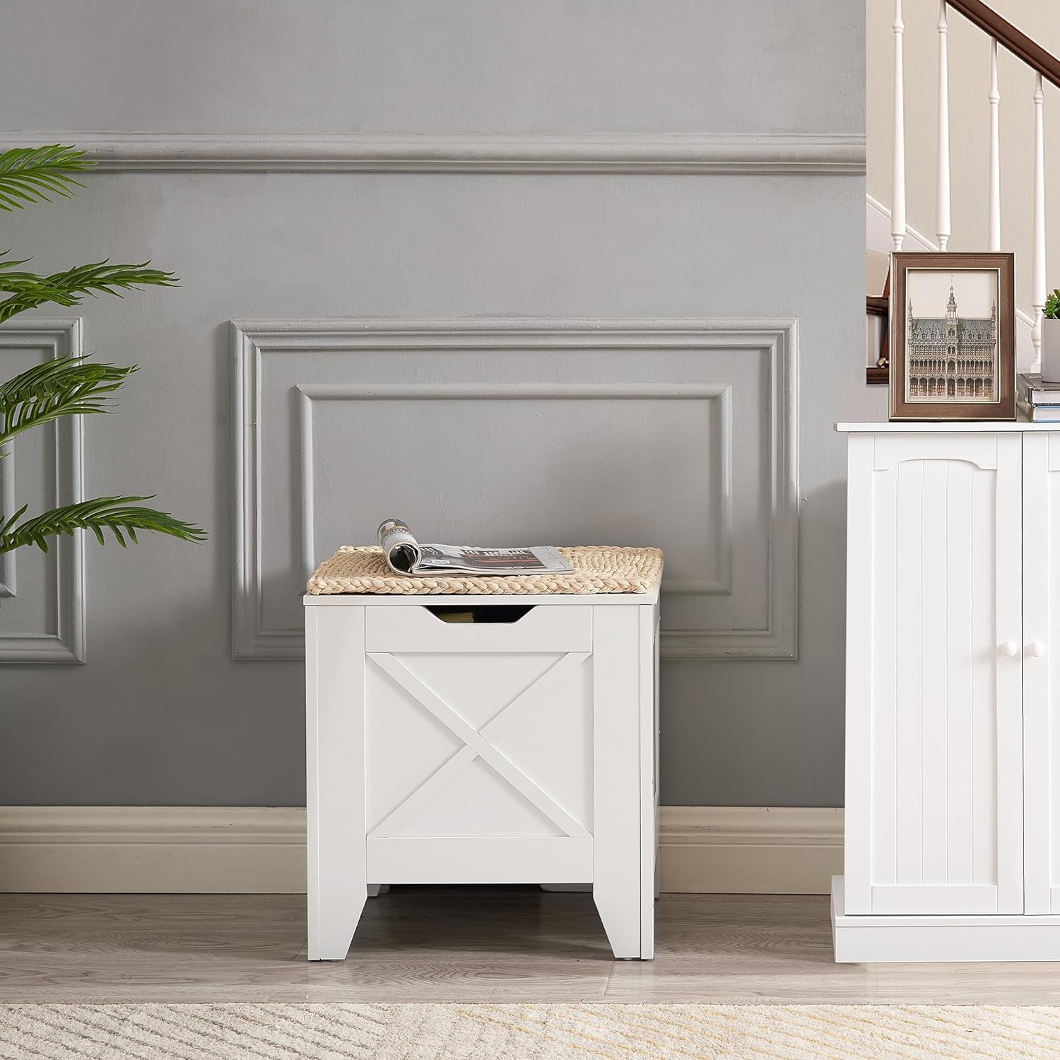 VECELO Storage Shoe Bench Industrial Barn-Door Style Toy Chest Cabinet with Safety Hinges Knotcushion