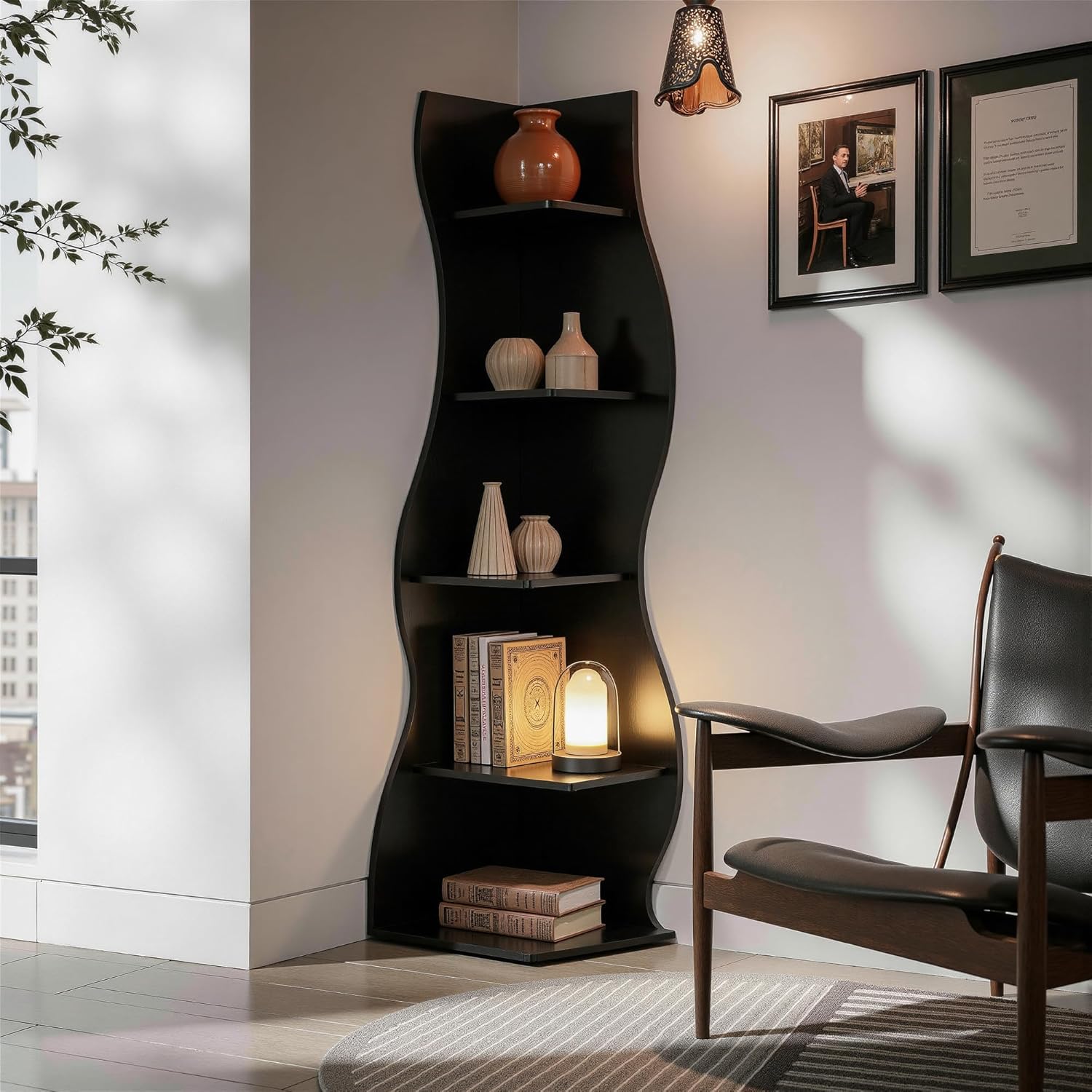 VECELO Wavy Corner Shelf, Decorative 5-Tier Storage Bookshelf
