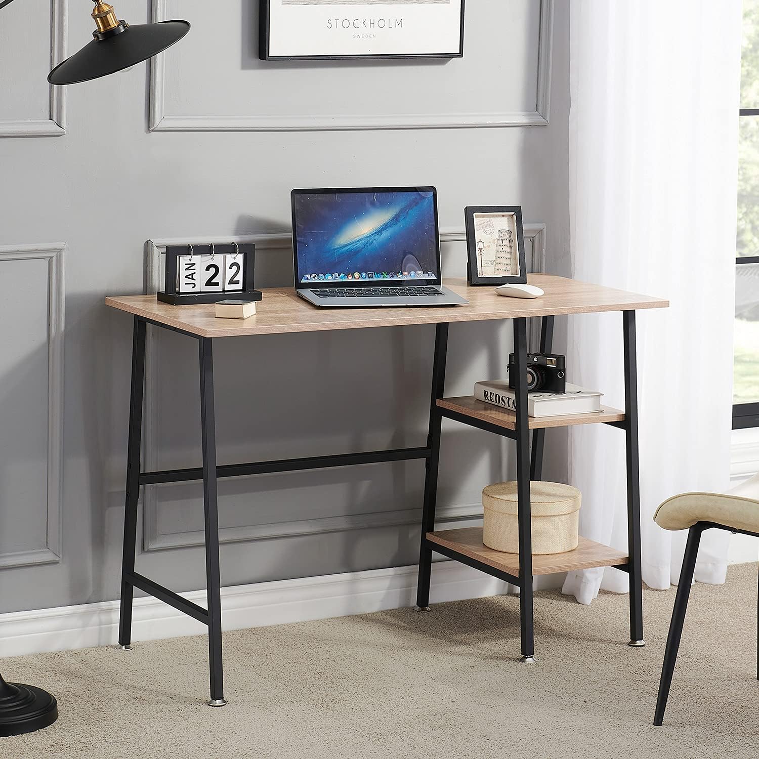 VECELO Computer Writing Desk with 2 Tier Storage Shelves, Modern Simple Student Study Table