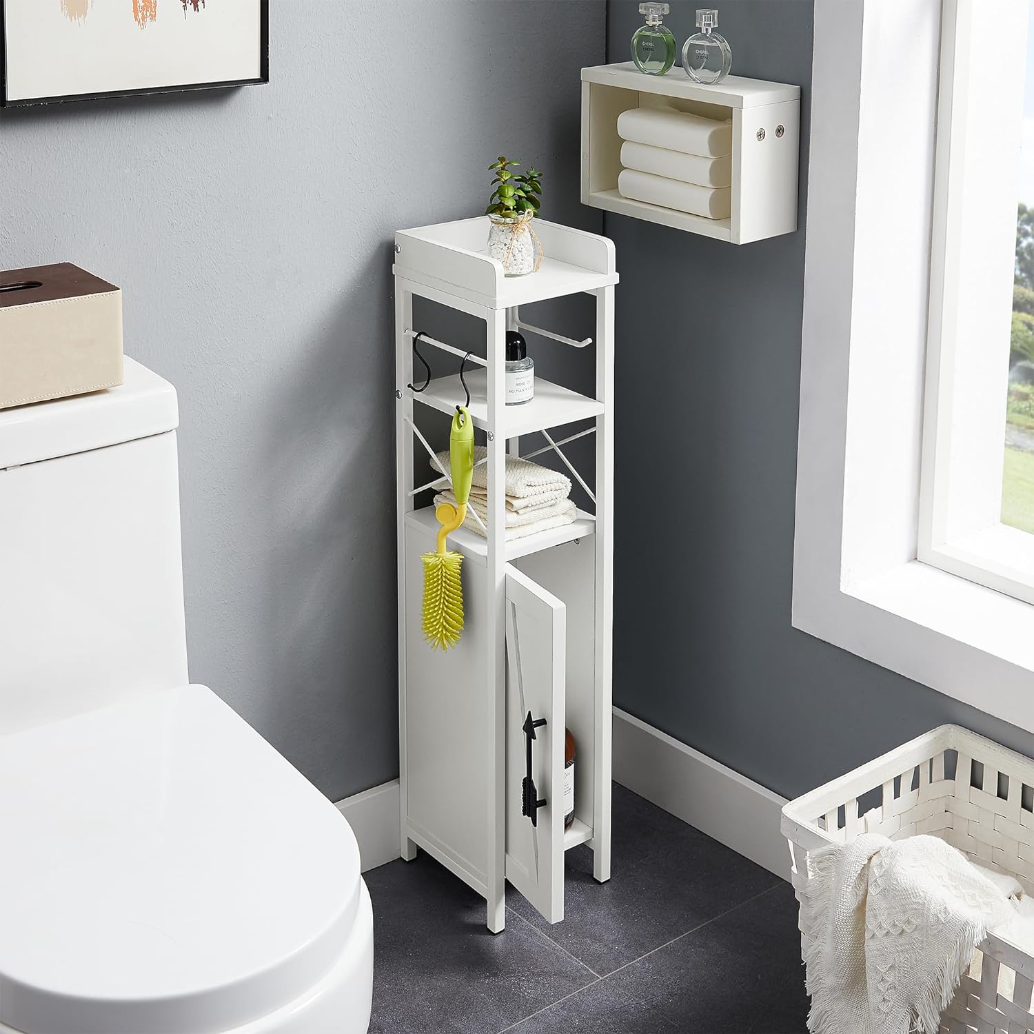 VECELO Small Bathroom Cabinet, Slim Toilet Paper Holder with Door & 2 Shelves