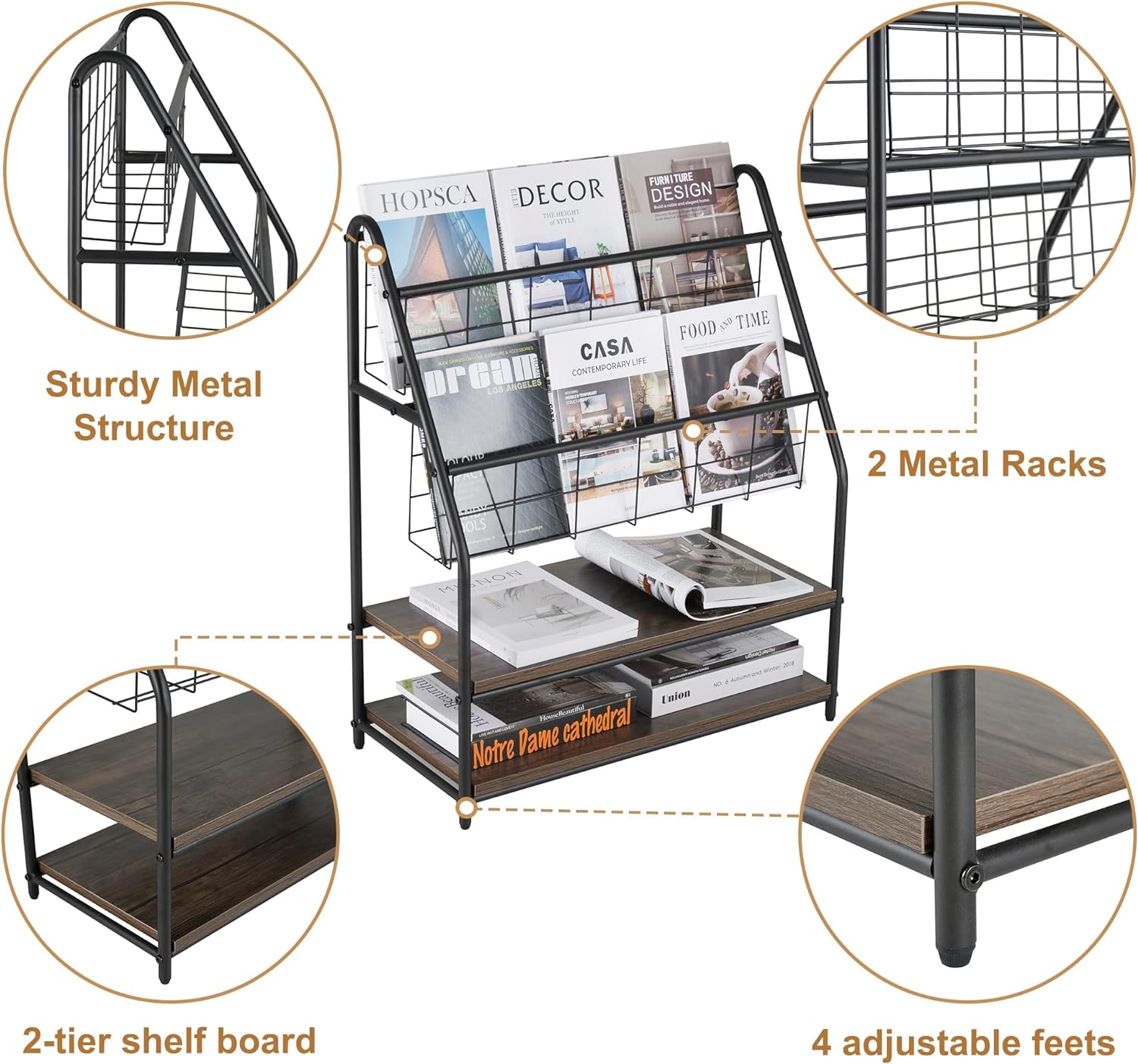 VECELO Newspaper Magazine Holders,2-Tier Metal Racks Brochure Display Stand