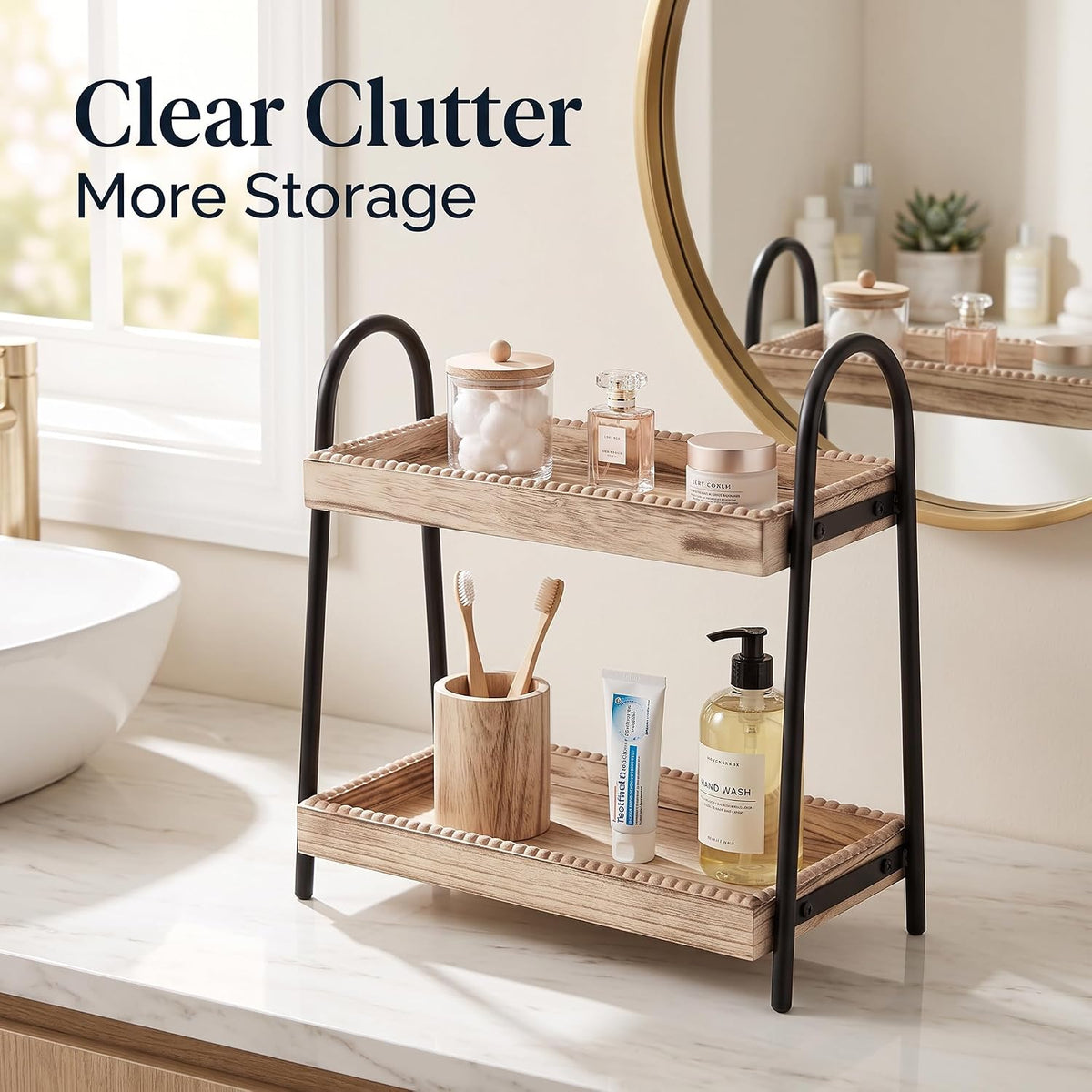 VECELO Bathroom Counter Organizer  Wood Bead Makeup Organizer Countertop