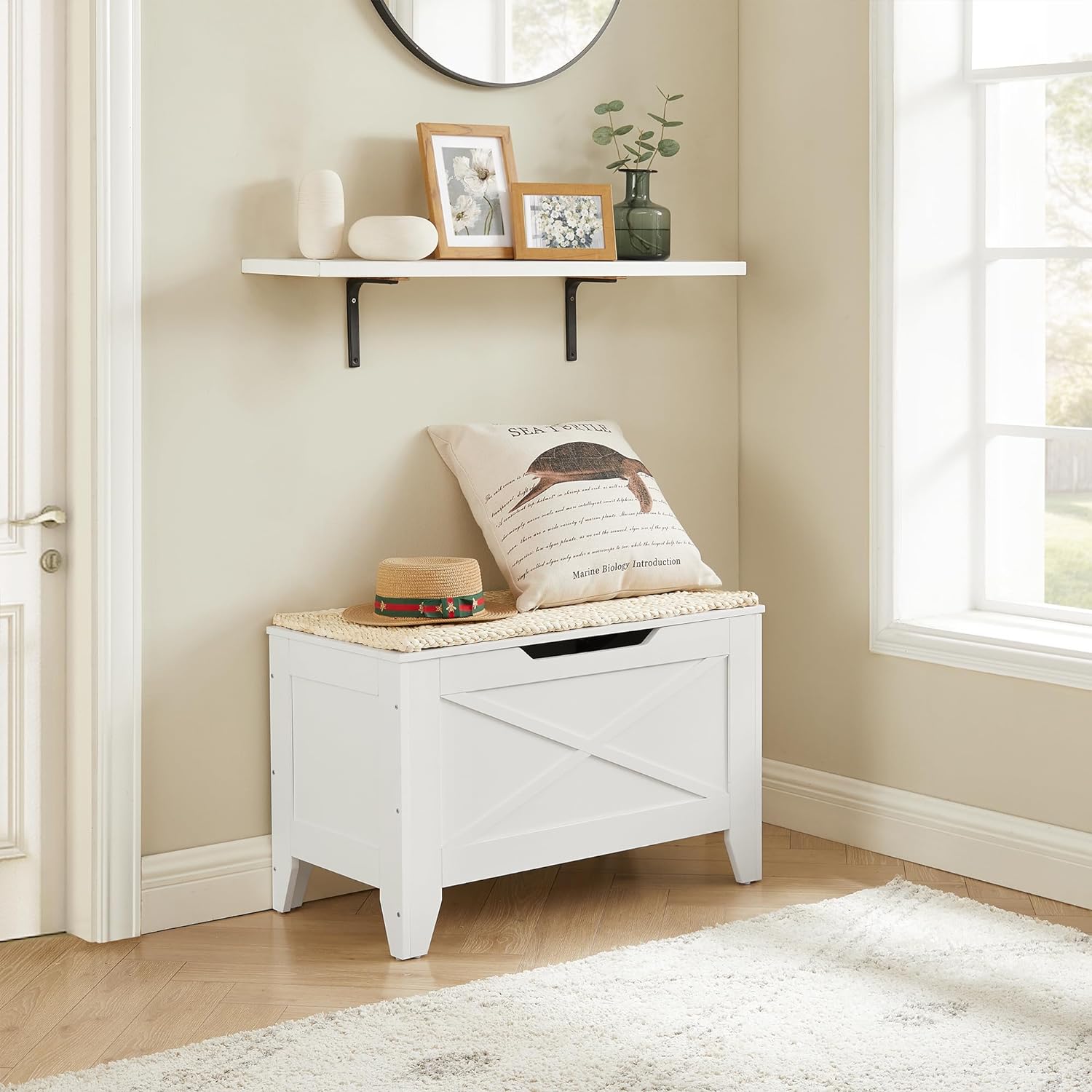VECELO Storage Shoe Bench Industrial Barn-Door Style Toy Chest Cabinet with Safety Hinges Knotcushion