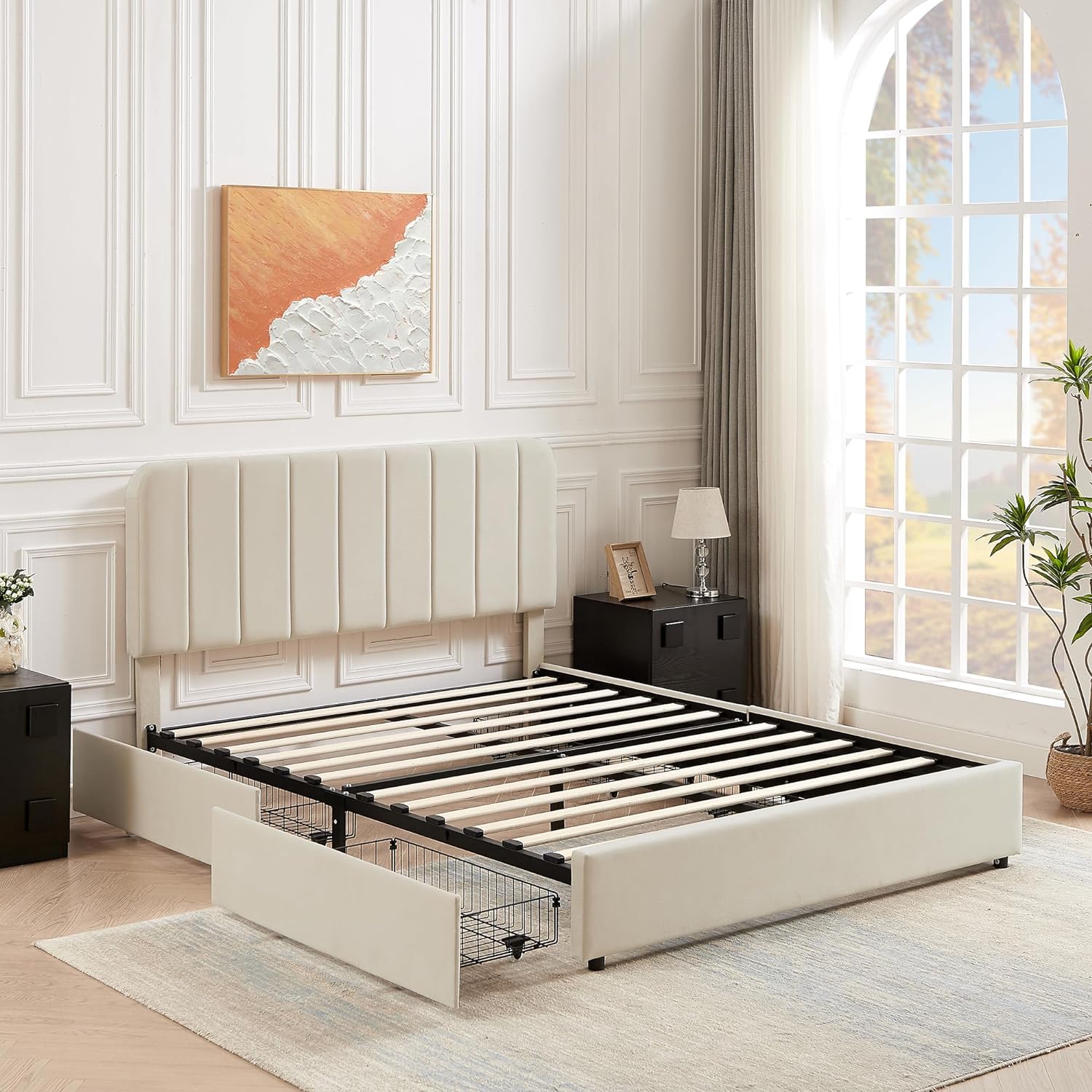 VECELO Upholstered Bed Frame with 4 Drawers and Adjustable Headboard