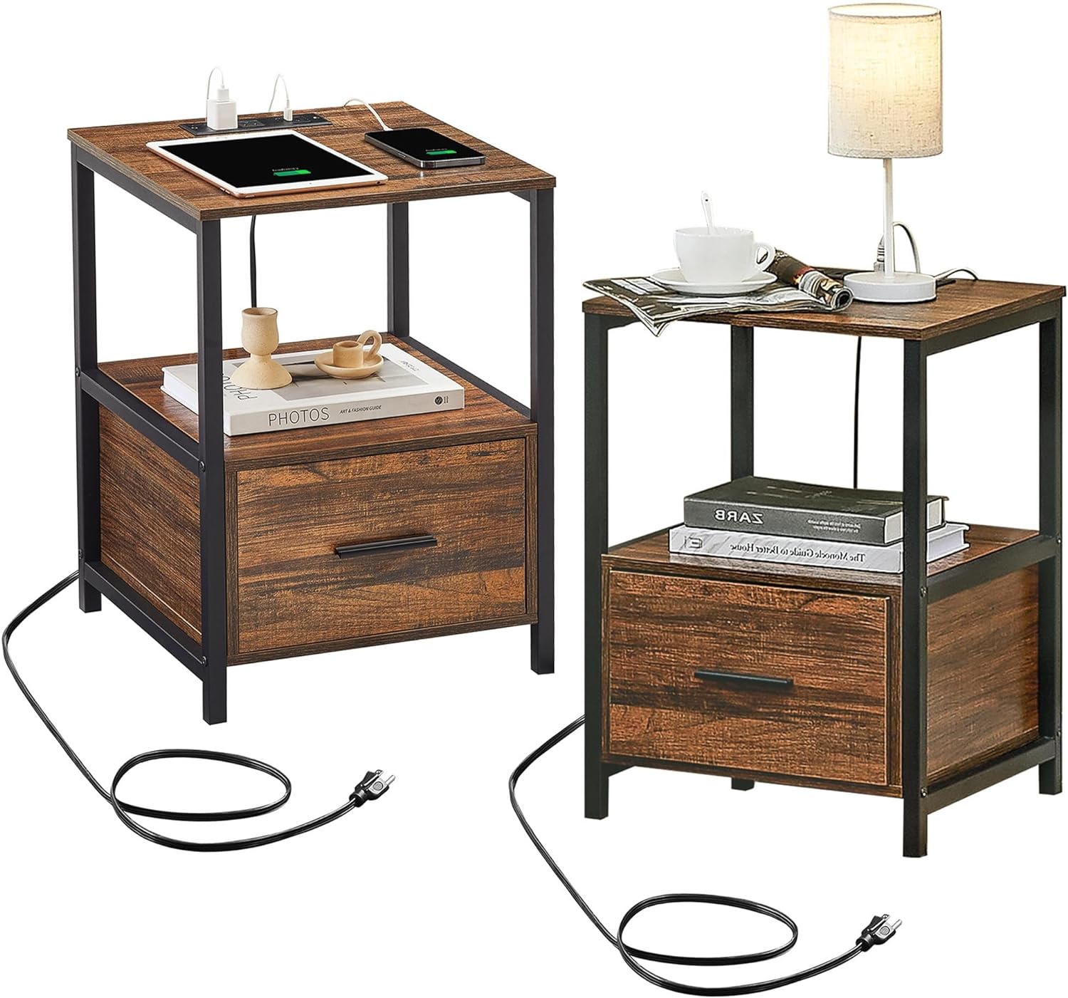 VECELO Modern Nightstand with Charging Station and USB Ports End Side Table