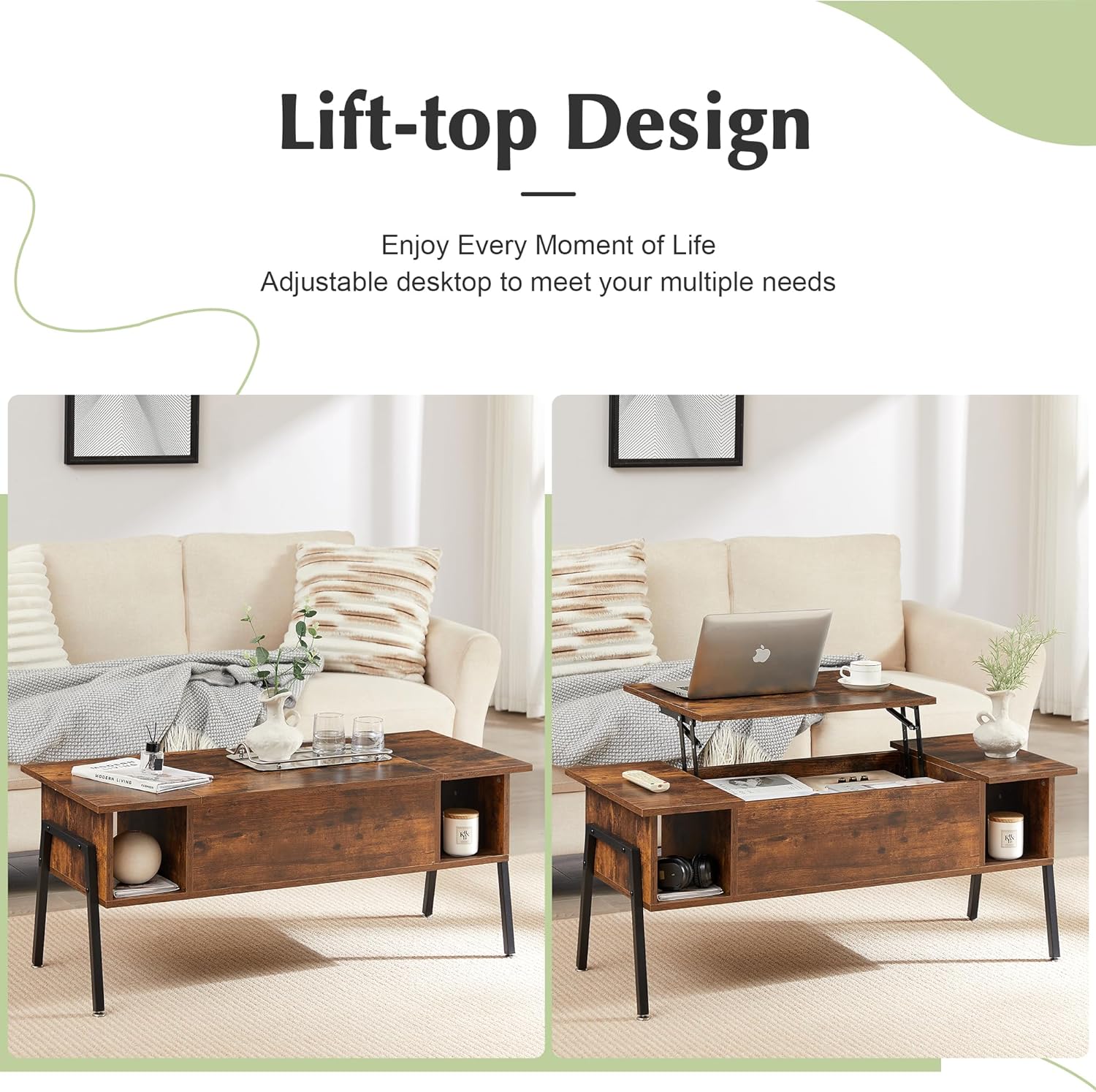 VECELO Wood Lift Top Coffee Table with Hidden Compartment and Storage Shelf