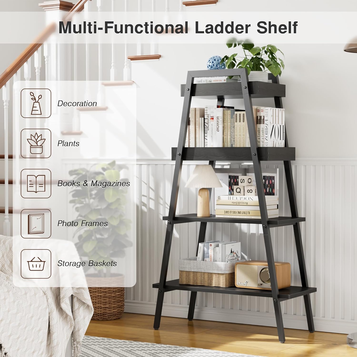 VECELO Ladder Shelf/Display Shelf 4 Tier Storage Bookcase Rack Wood & Steel