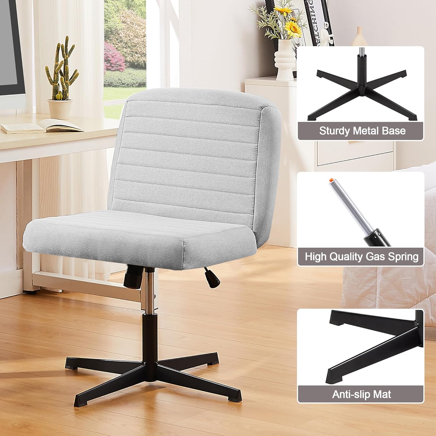 Cross Legged Office Chair, Criss Cross Chair Armless Wide Desk Chair No  Wheels, Adjustable Modern 360° Swivel Padded Fabric Vanity Mid Back Home