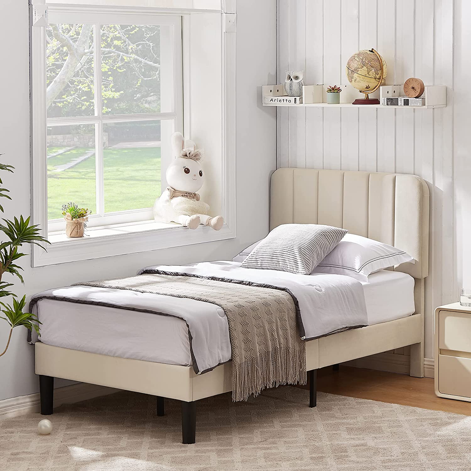 VECELO Bed Frame, Upholstered Platform bedframe with Adjustable Headboard, No Box Spring Needed