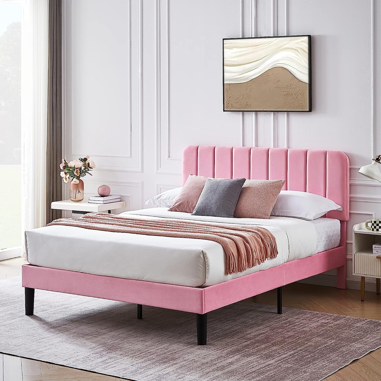 VECELO Upholstered Platform bedframe with Adjustable Headboard