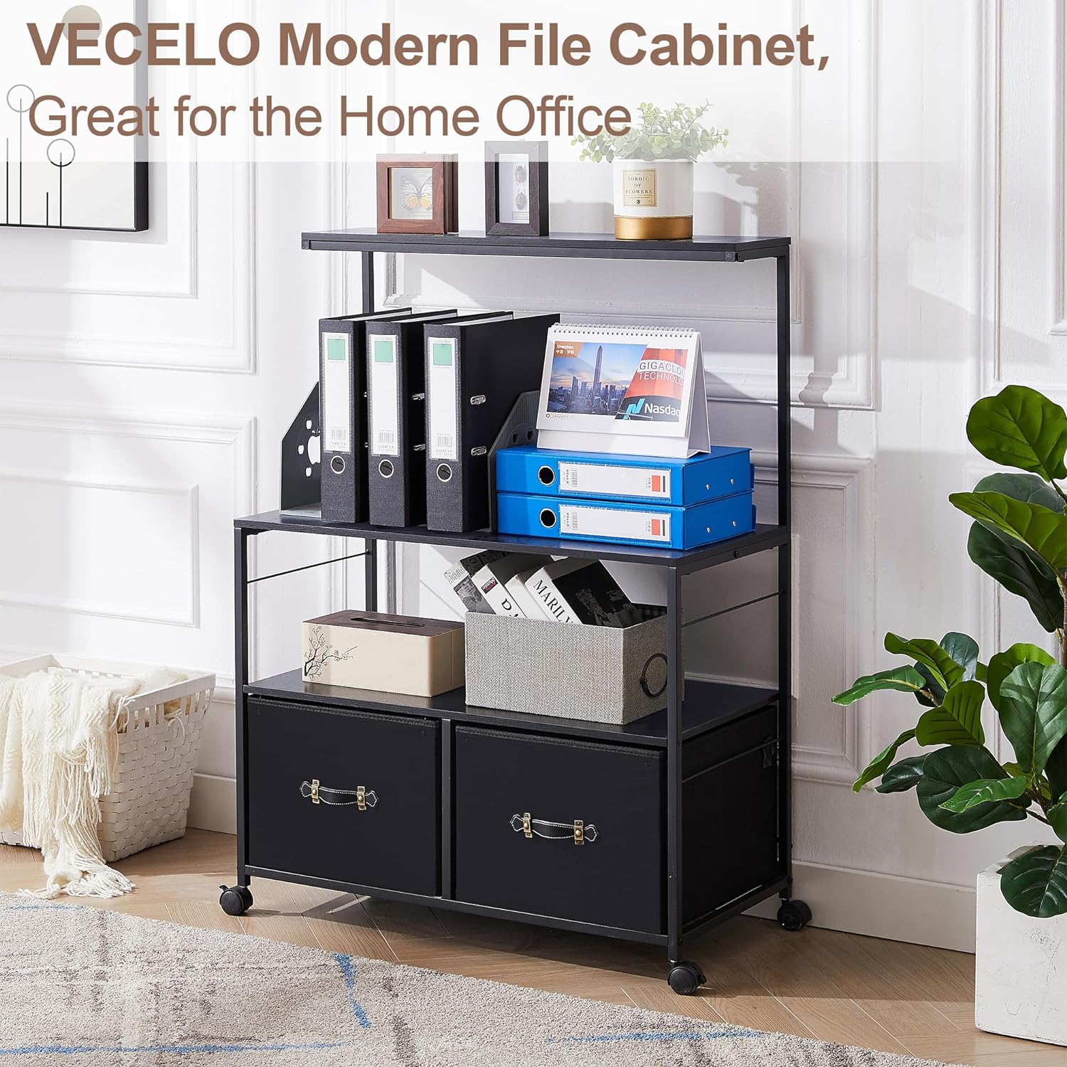 VECELO Lateral File Cabinet with 2 Big Rolling Printer Stand with 3 Open Storage Shelf