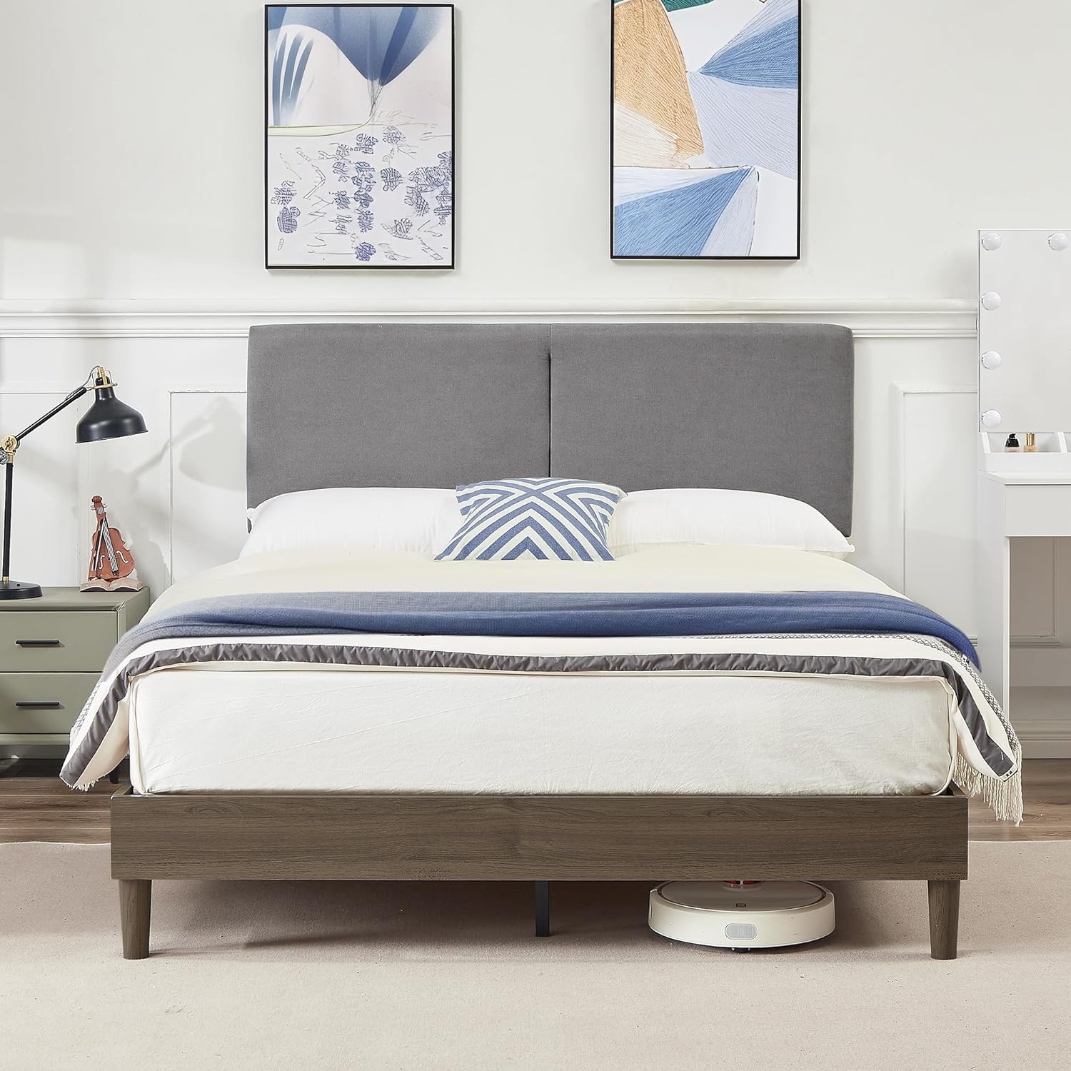 VECELO Upholstered Platform Bed Frame with Height-Adjustable Cotton and Linen Headboard