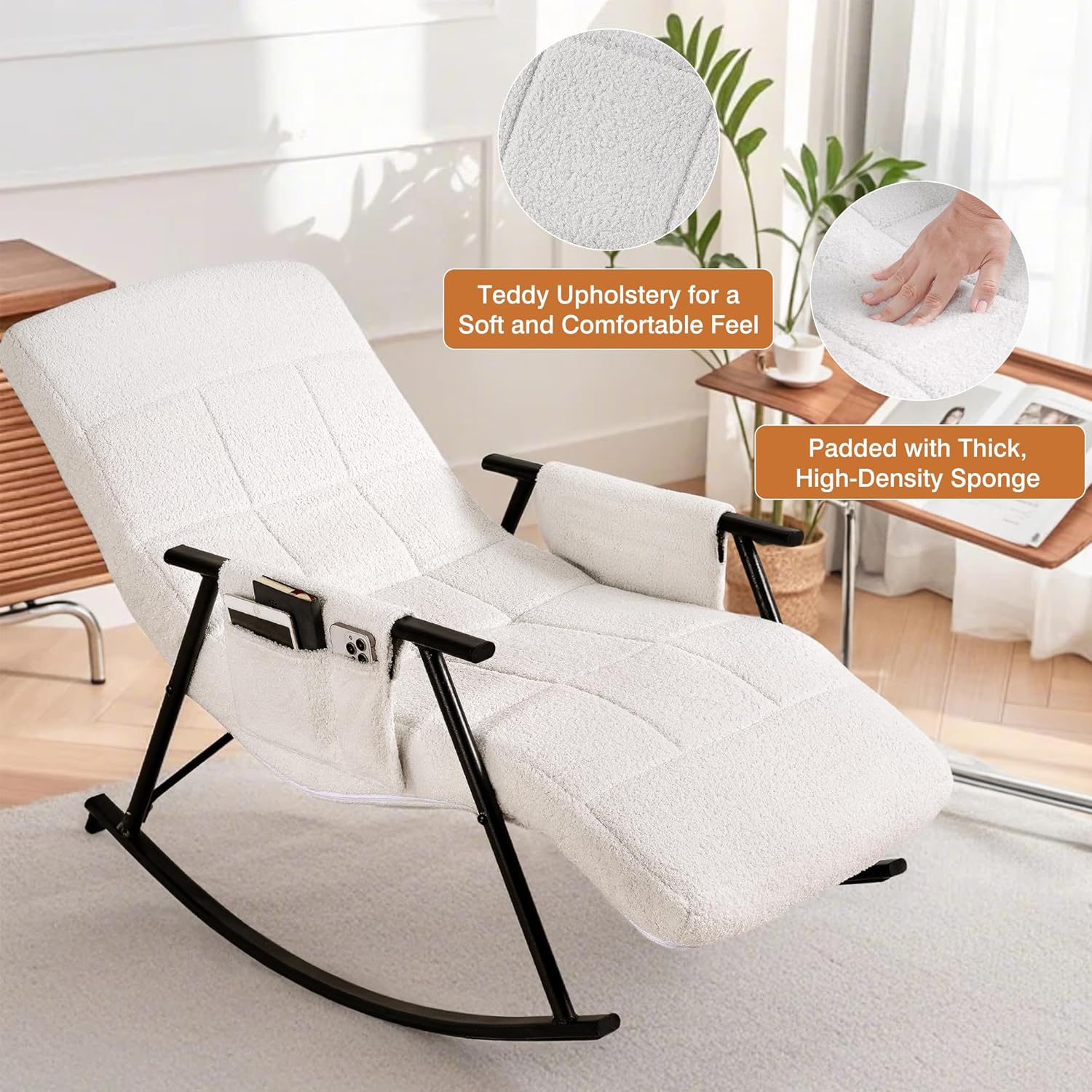 VECELO High Back Nursery Rocking Chair with Foot Rest, Teddy Upholstered Reclining Glider Rocker
