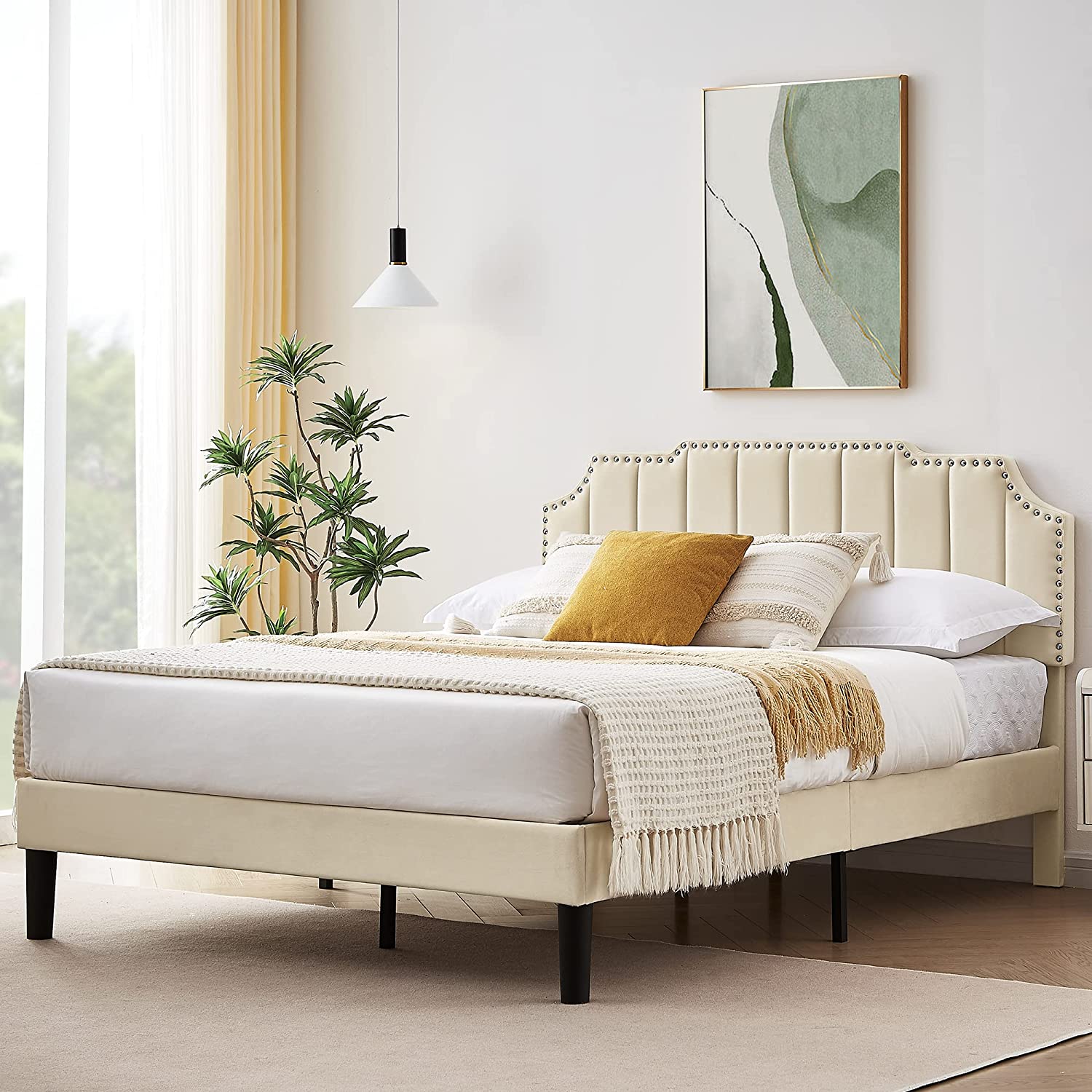 Upholstered Platform Bed Frame with Tufted Adjustable Headboard